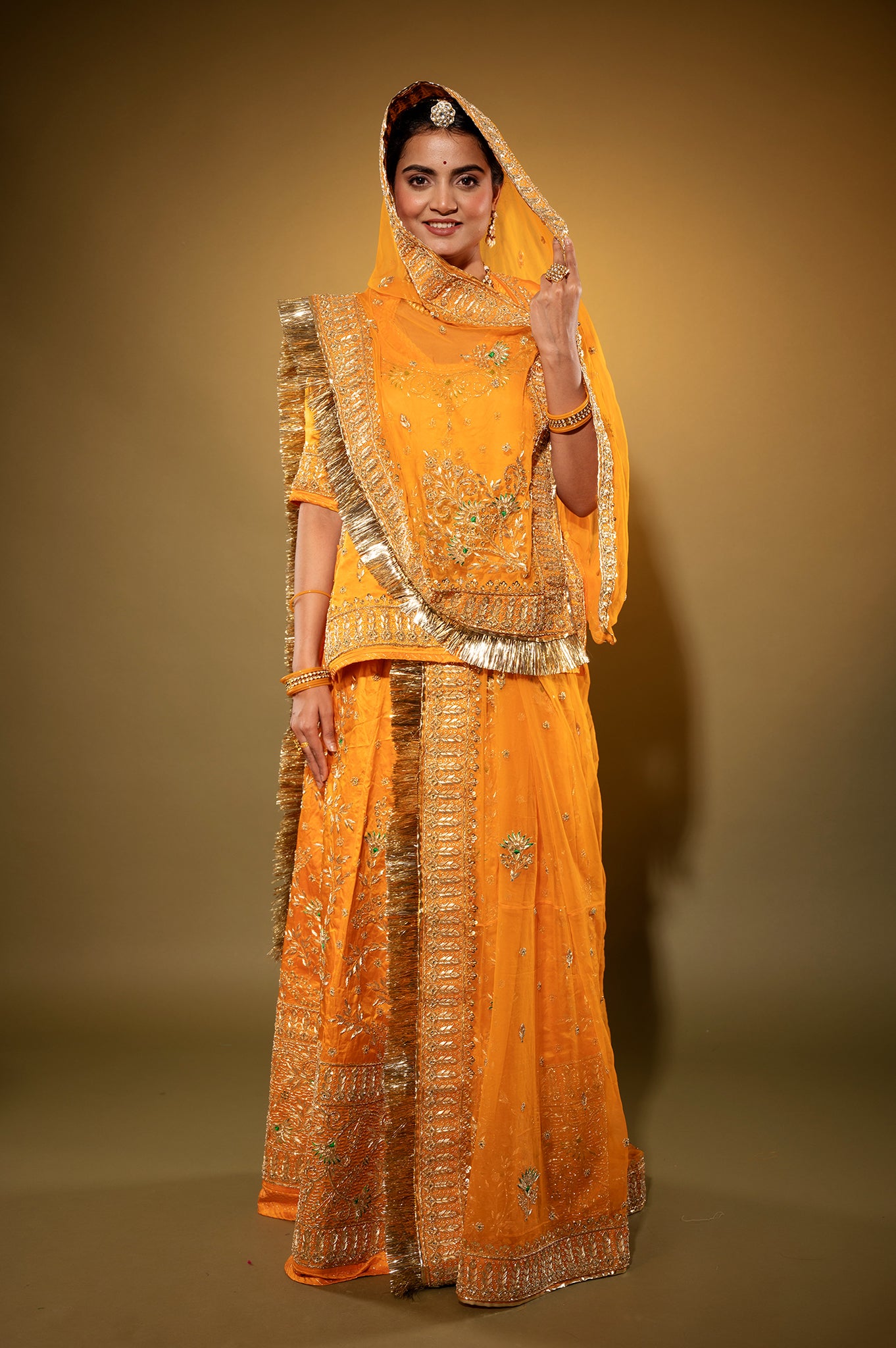 kesariya Pure Silk Satin zardozi handwork rajputi Poshak  with Pure odhna