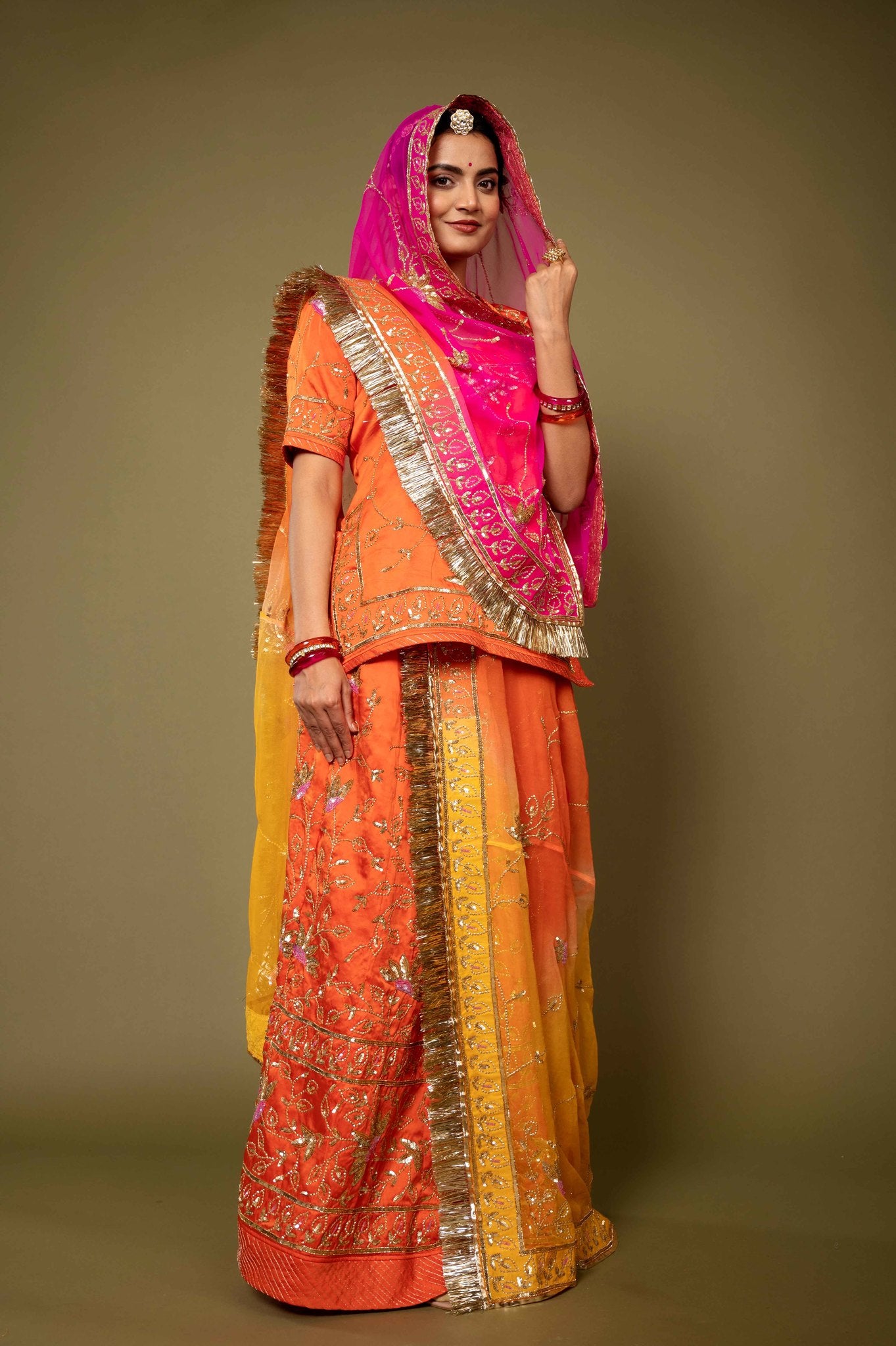 orange bamber satin aari katori handwork rajputi Poshak with pure odhna