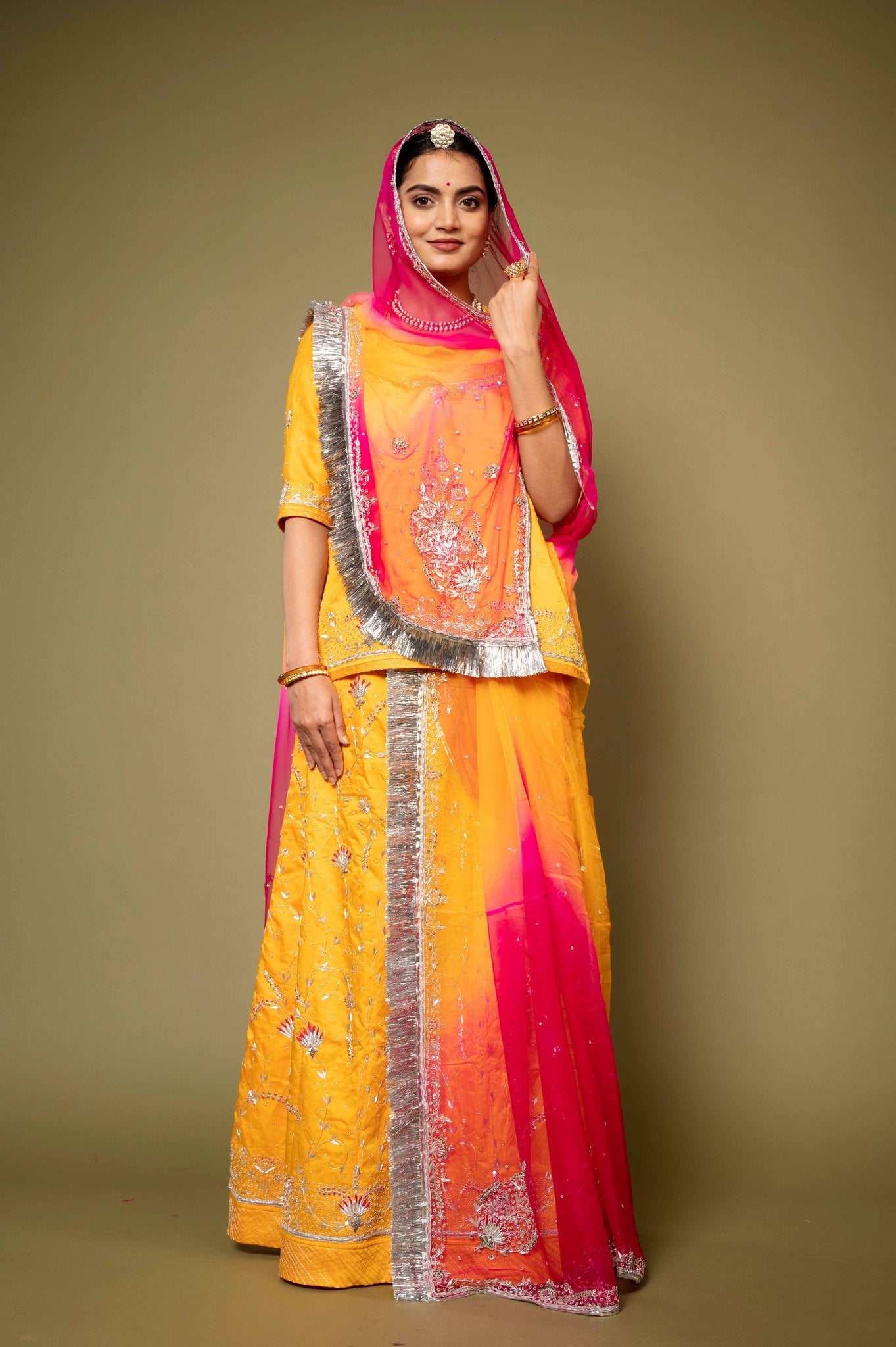yellow bamber satin aari zardozi handwork rajputi Poshak with pure odhna