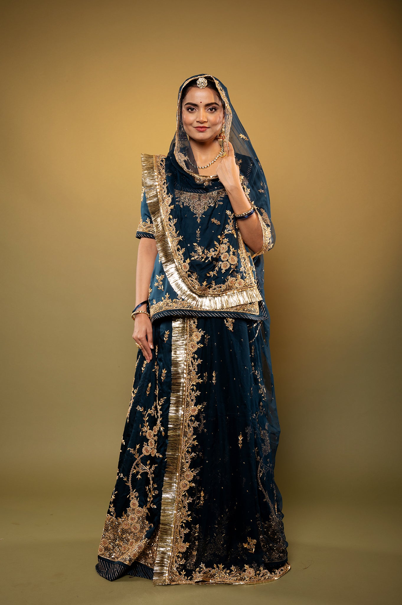 dark rama green bamber satin zardozi handwork rajputi Poshak  with Pure odhna