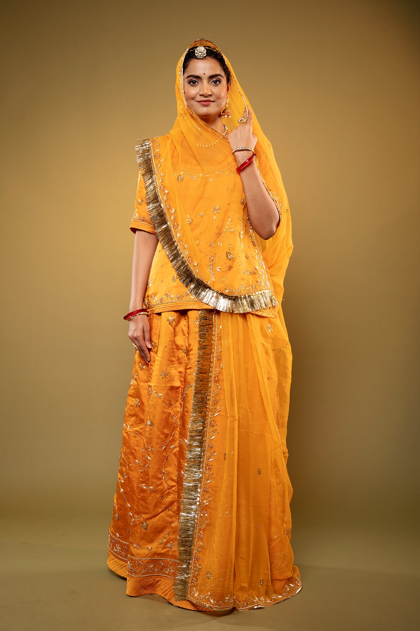 yellow bamber satin zardozi handwork rajputi Poshak  with Pure odhna