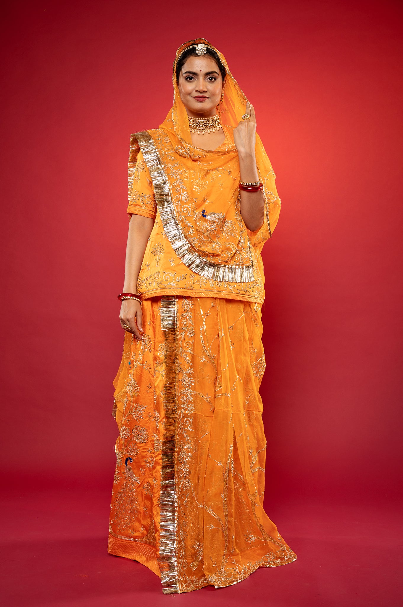 kesariya yellow bamber satin zardozi handwork rajputi Poshak  with Pure odhna