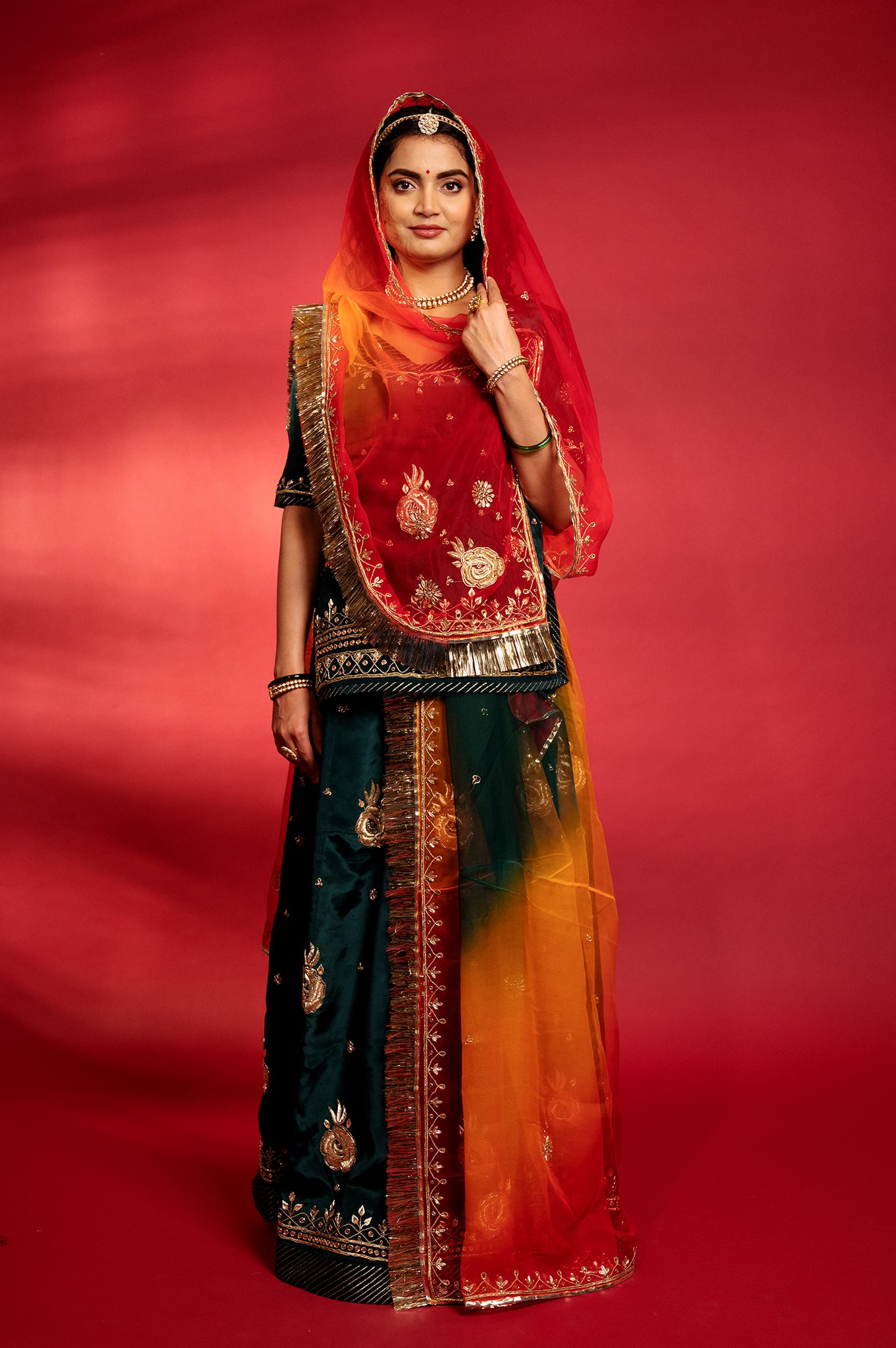 bottle green bamber satin aari zardozi handwork Rajputi Poshak  with Pure odhna