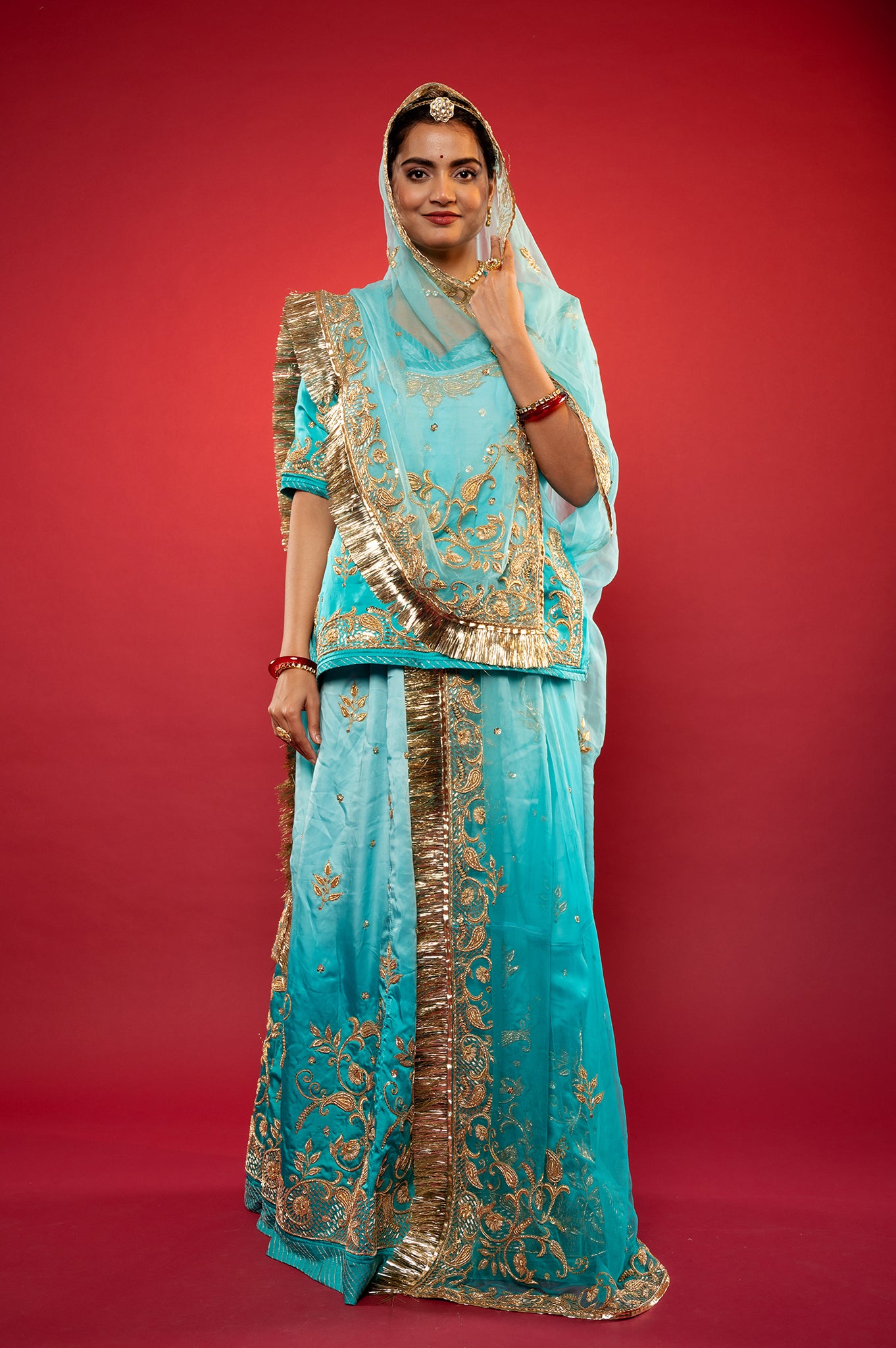 Sky blue light dark bamber Satin zardozi handwork rajputi Poshak  with Pure odhna