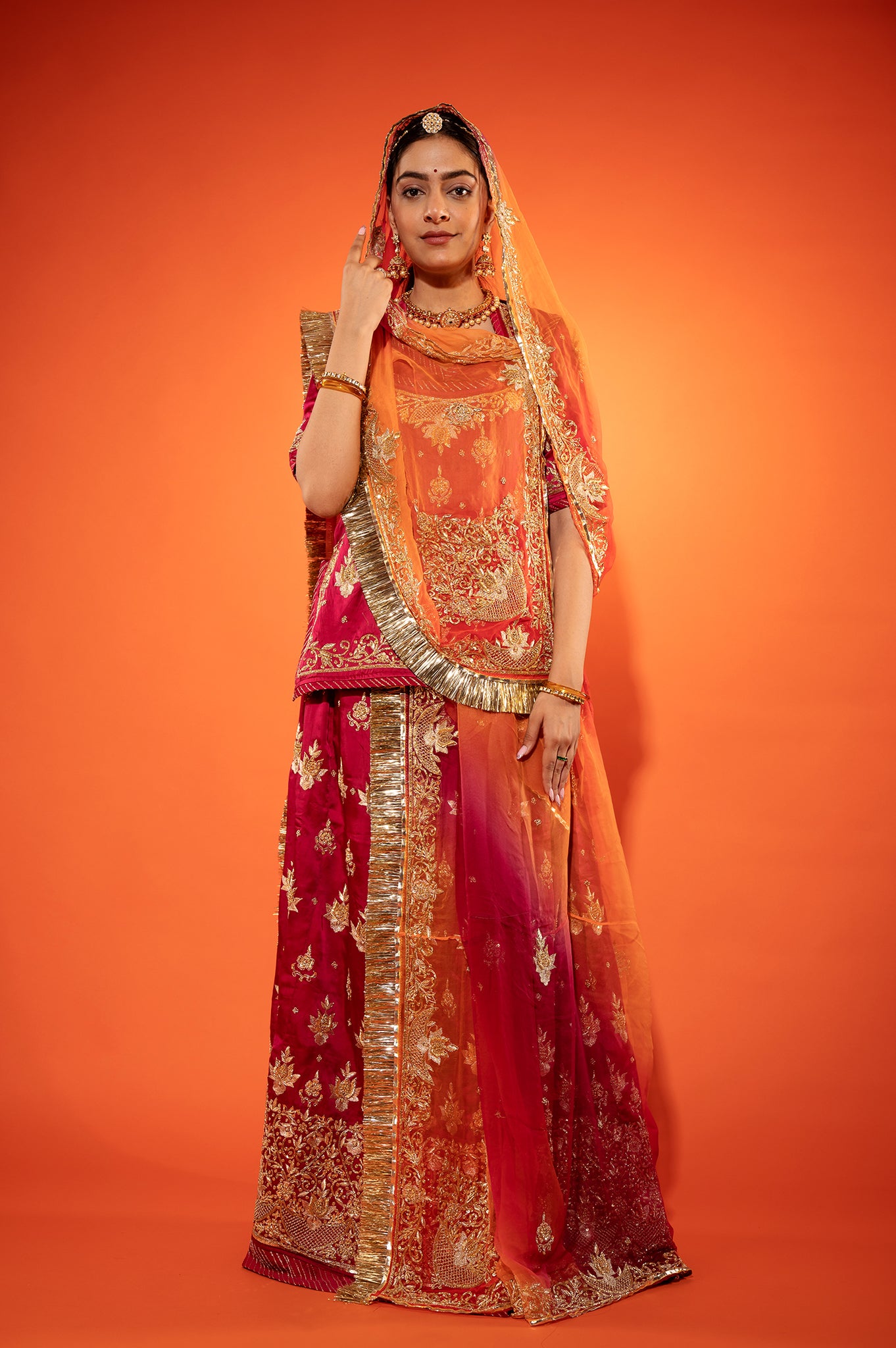 Burgundy Bamber Satin zardozi handwork rajputi Poshak with pure odhna