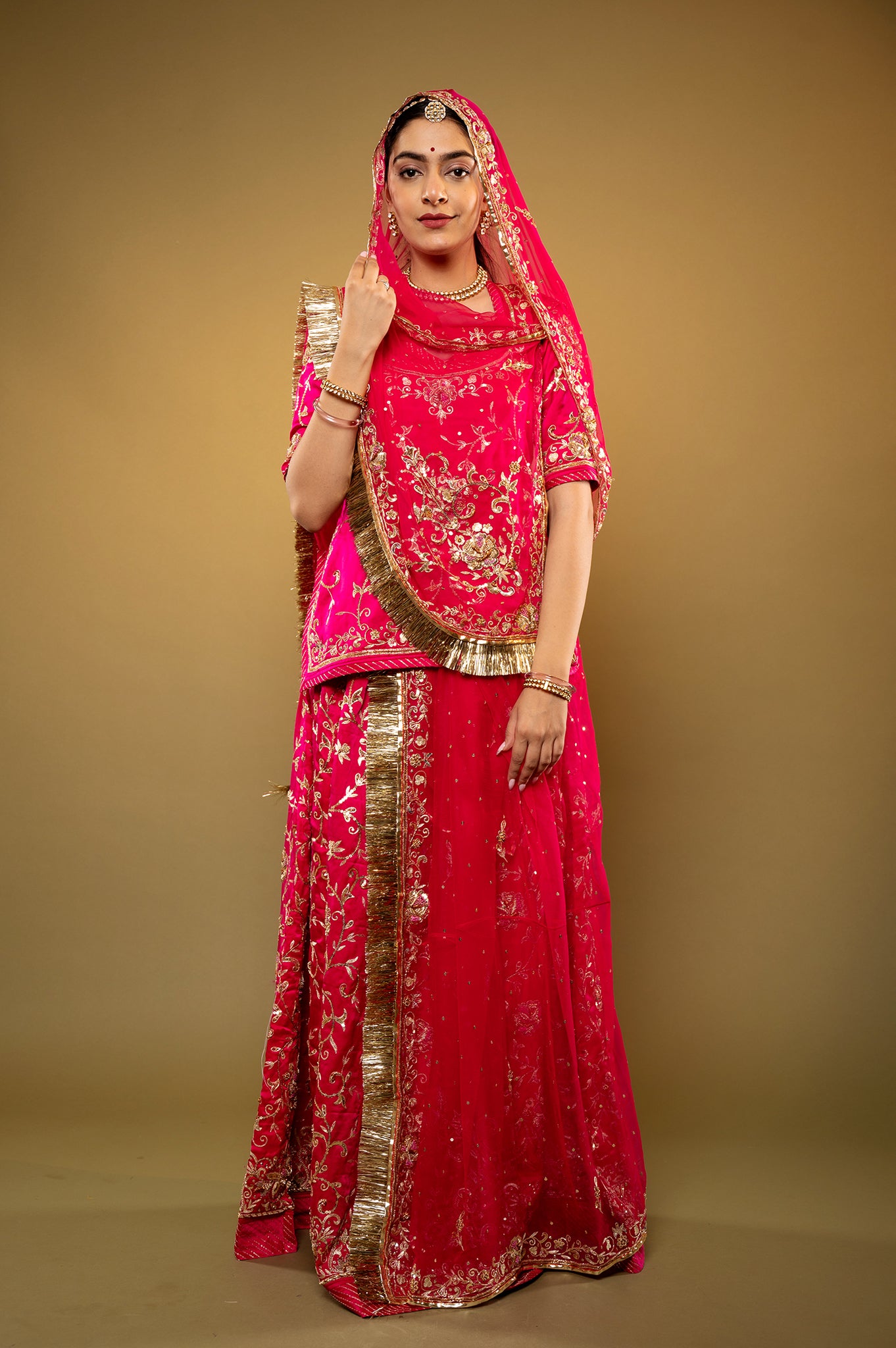 Red Magenta Bamber Satin zardozi handwork rajputi Poshak  with Pure odhna