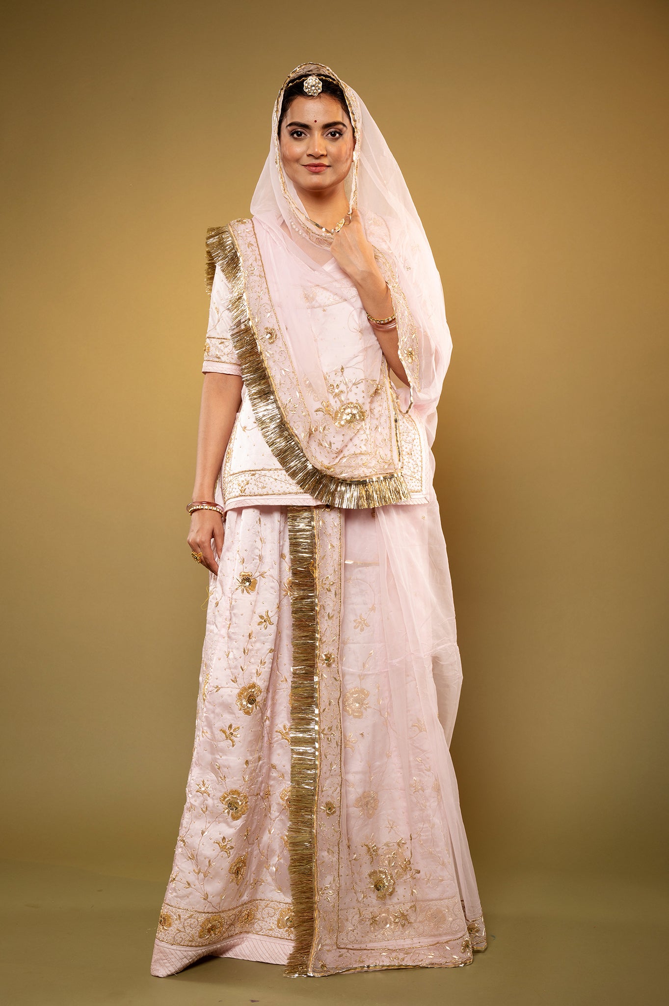 baby pink bamber satin zardozi handwork rajputi Poshak  with Pure odhna