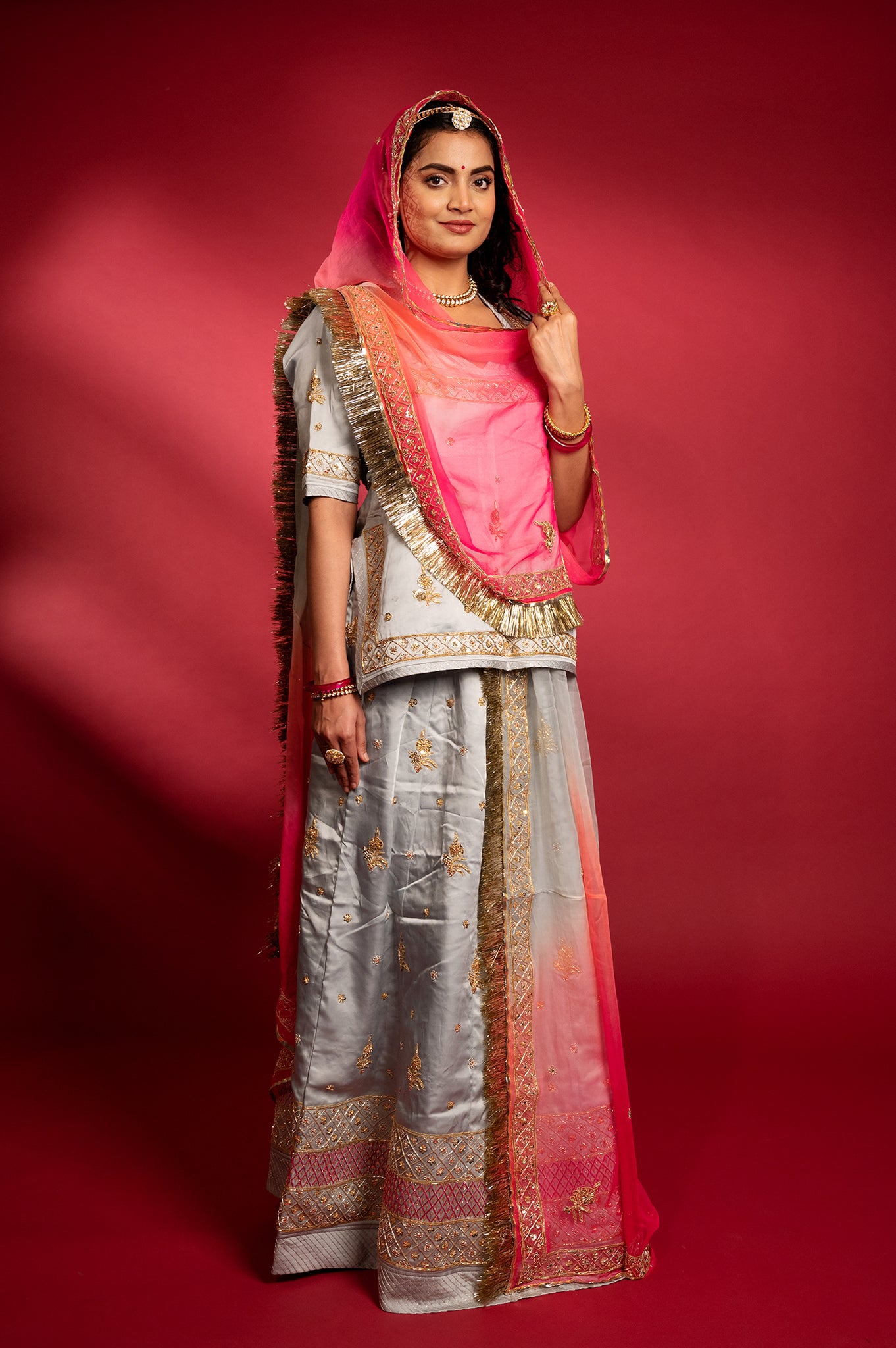 silver grey bamber satin aari zardozi resham handwork Rajputi Poshak  with Pure odhna