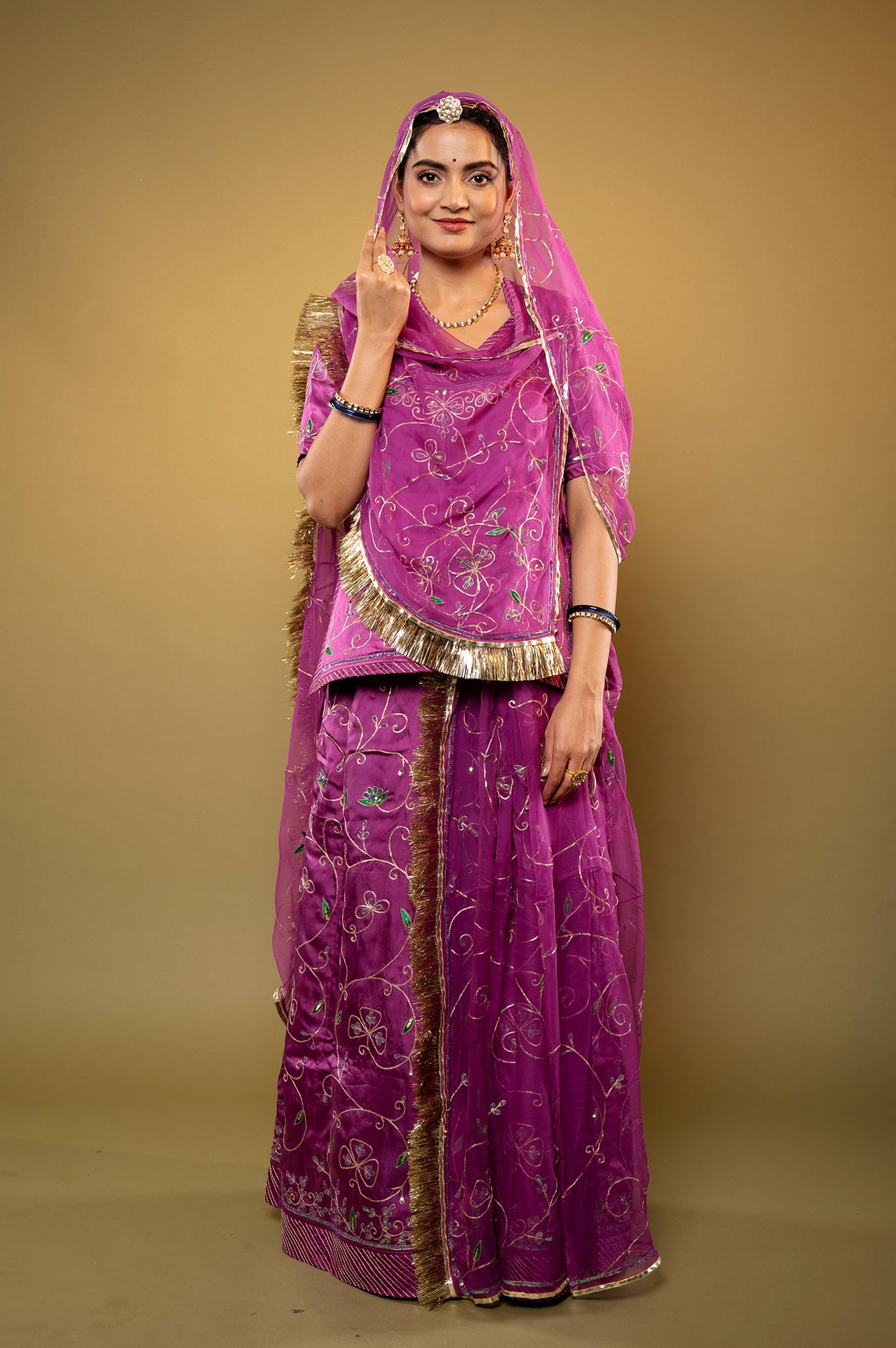 Purple   bamber satin aari sequins handwork rajputi Poshak  with Pure odhna