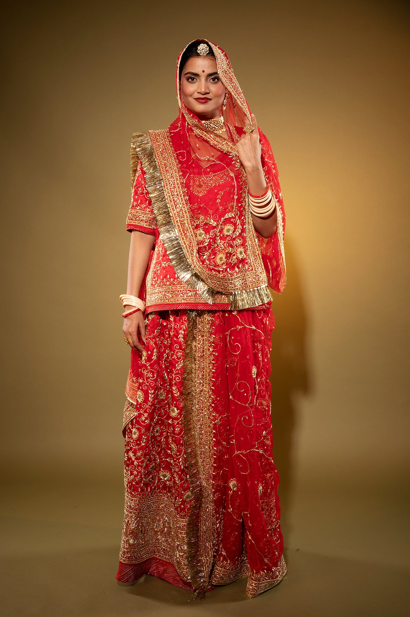 red Pure Silk Satin zardozi handwork rajputi Poshak  with Pure odhna