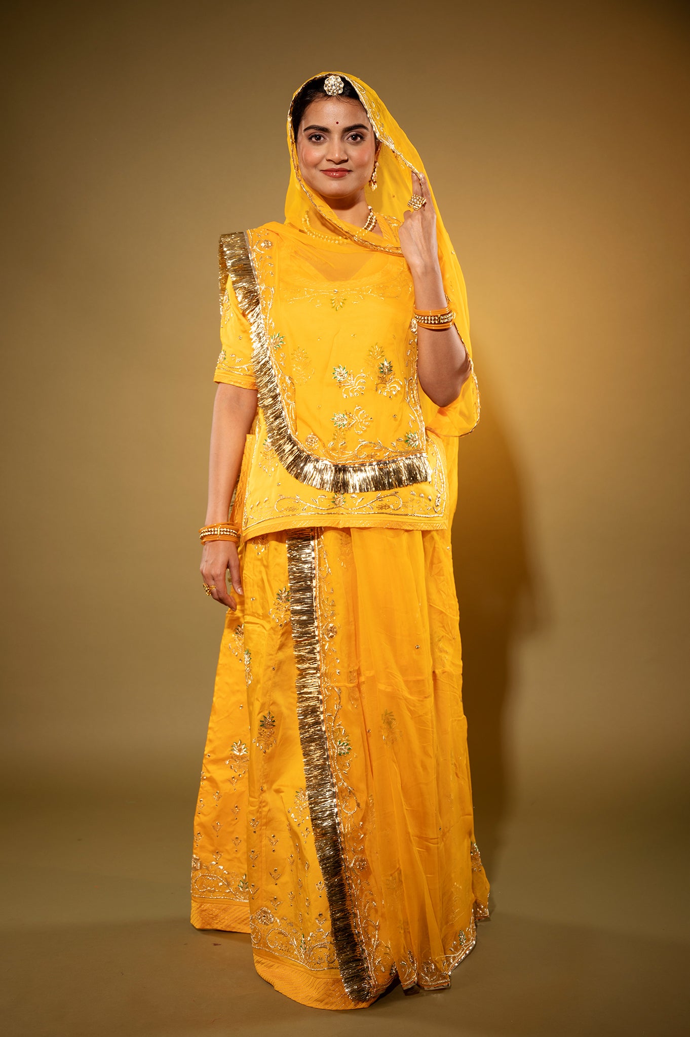 yellow bamber satin zardozi handwork rajputi Poshak  with Pure odhna