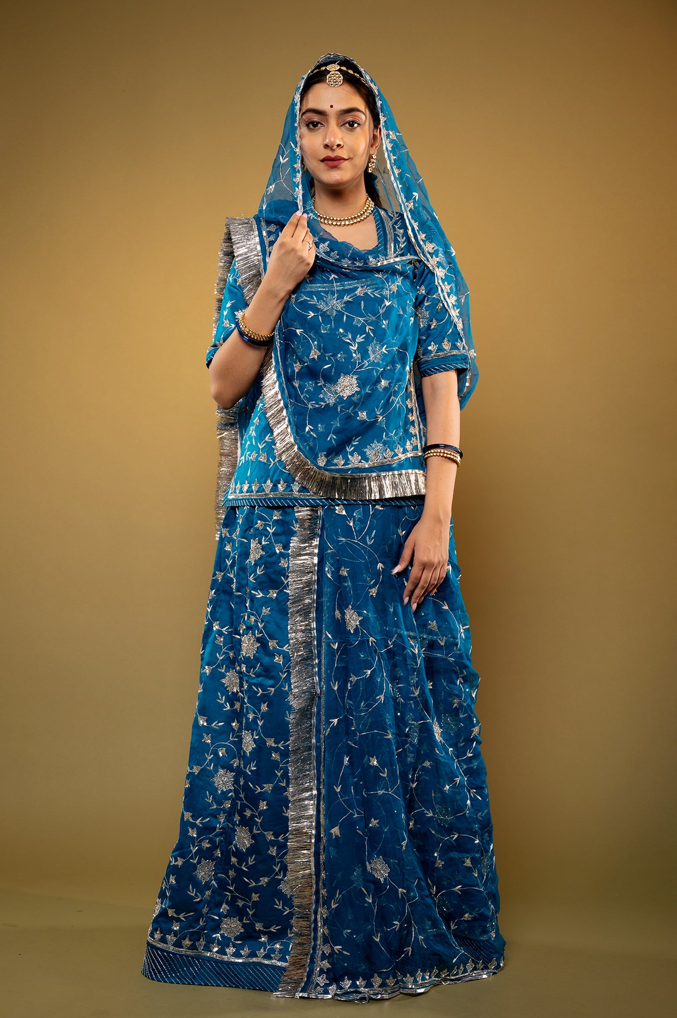 blue bamber satin aari sequins zardozi handwork rajputi Poshak  with Pure odhna
