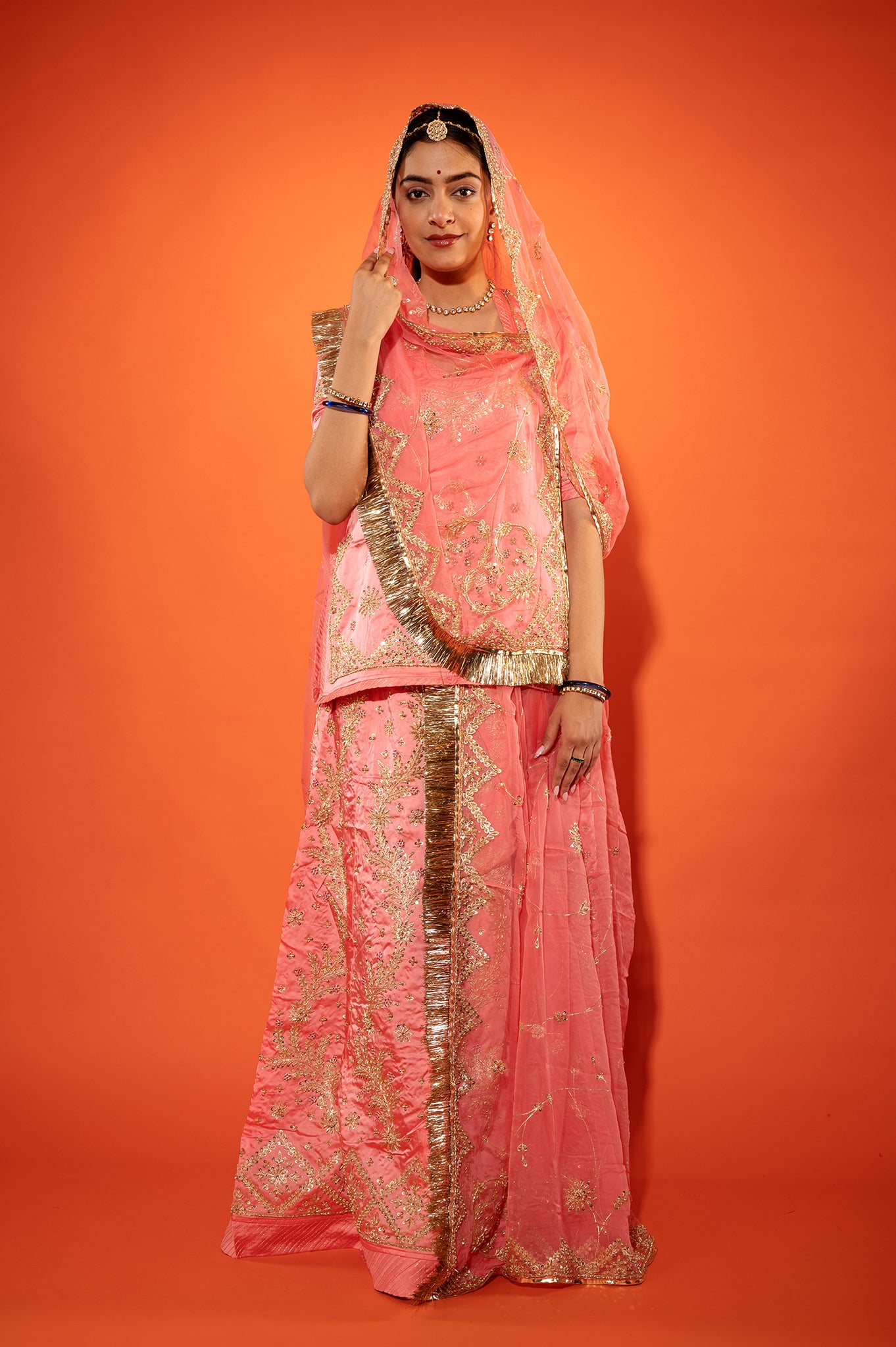 Salmon bamber satin zardozi handwork rajputi Poshak  with Pure odhna