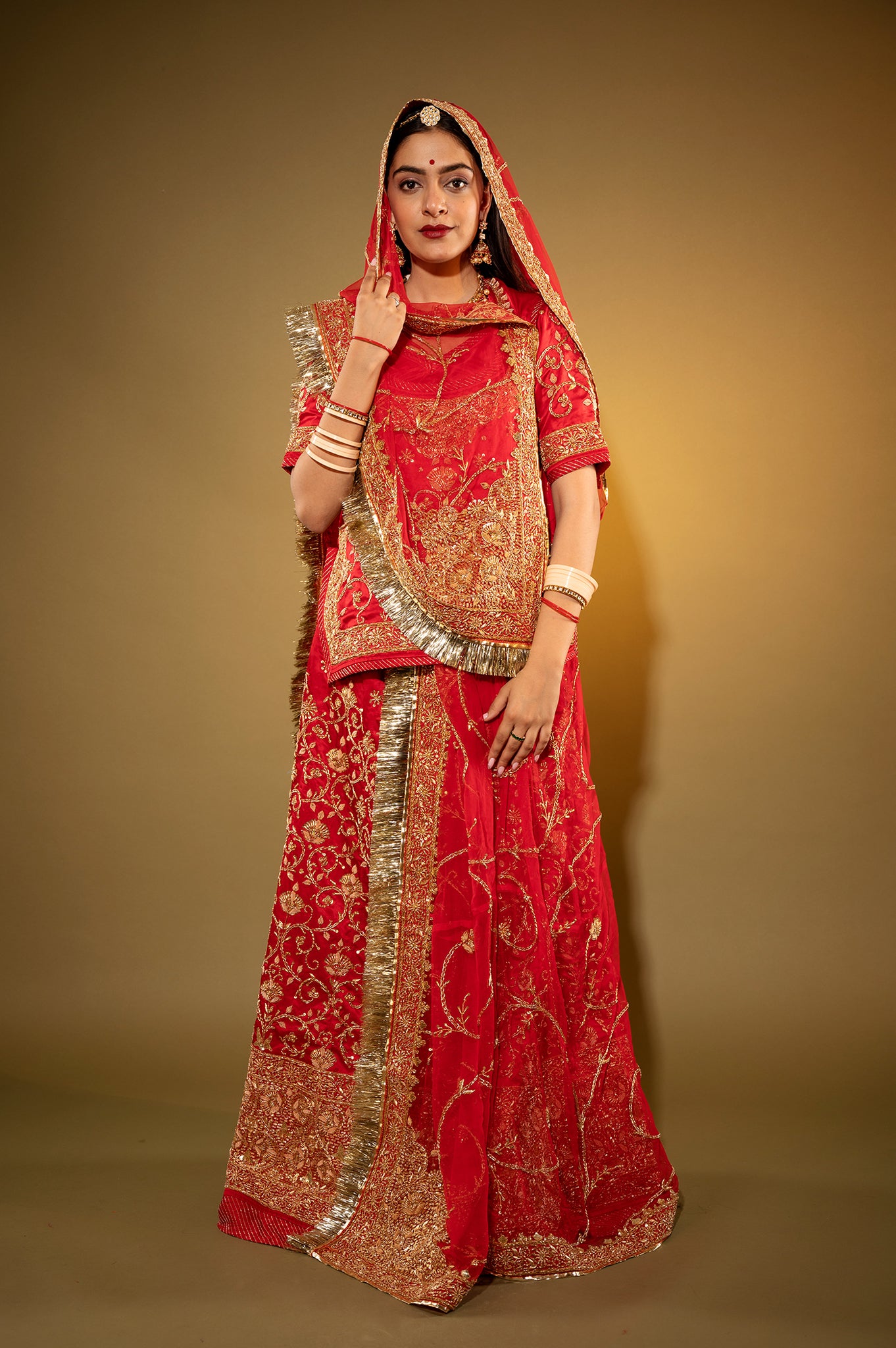 red Pure Silk Satin zardozi handwork rajputi Poshak  with Pure odhna