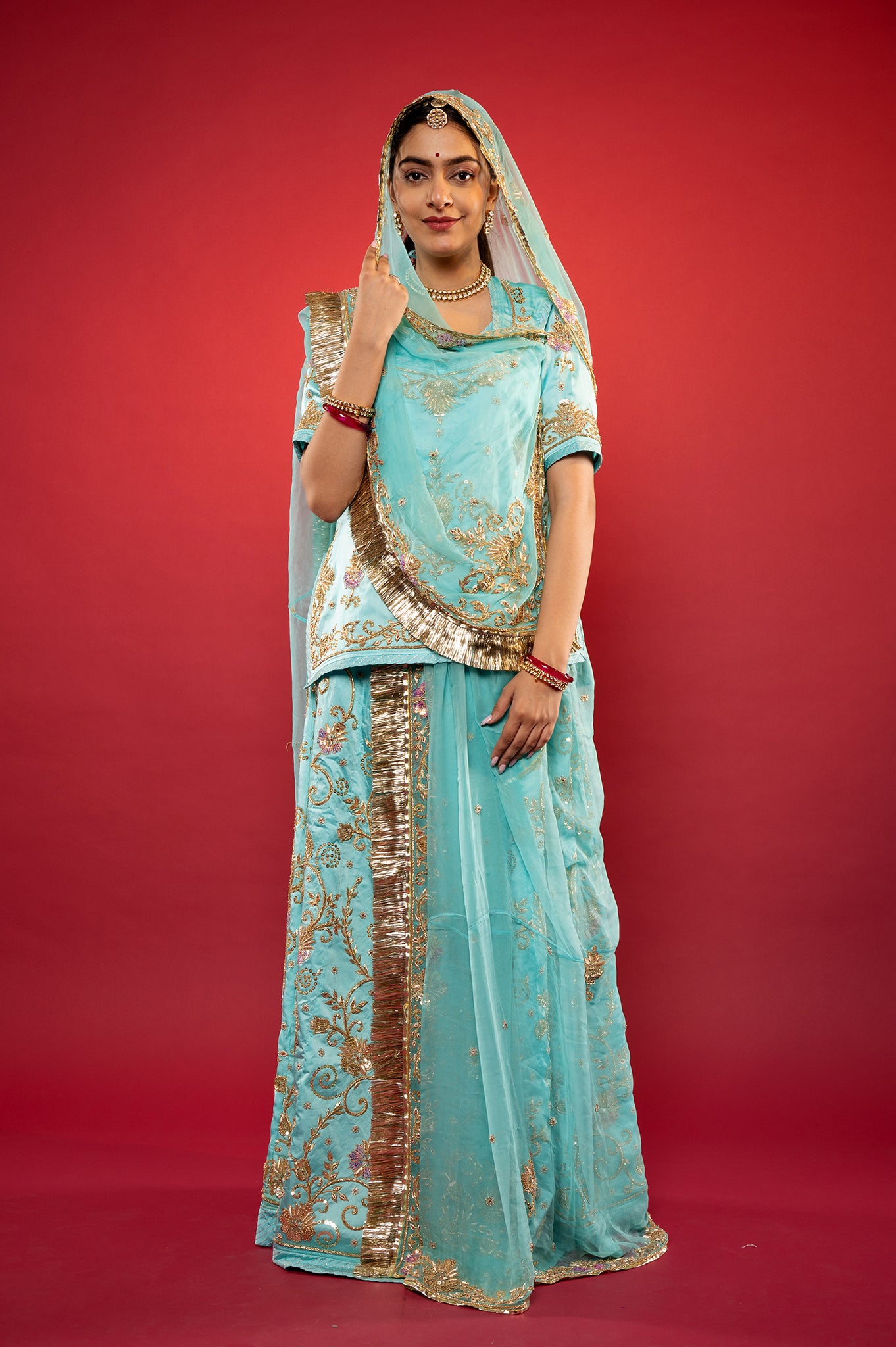 Sky blue bamber satin zadozi handwork rajputi Poshak  with Pure odhna