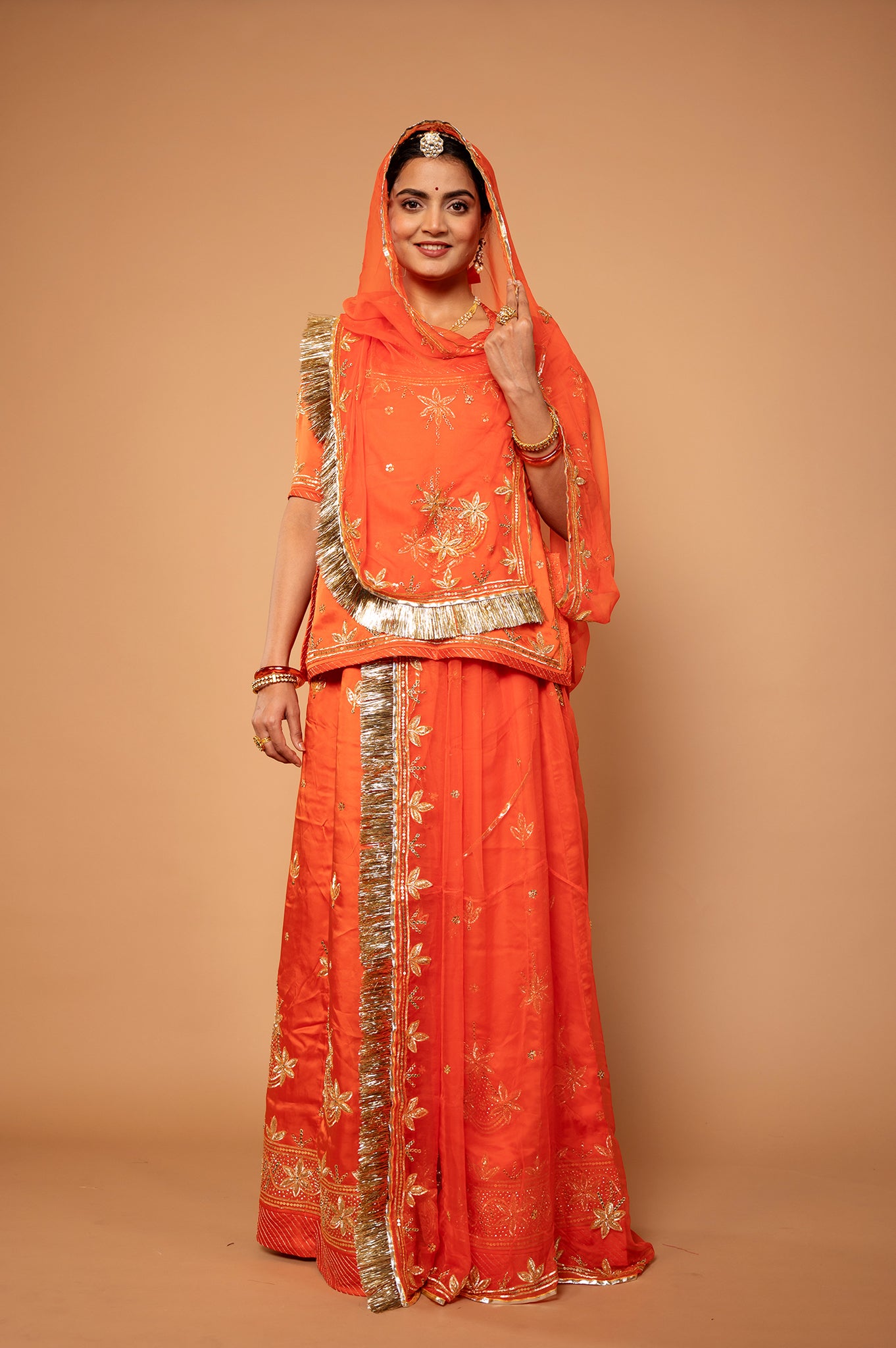 Orange Bamber Satin sikhiya zardozi handwork rajputi Poshak with pure odhna