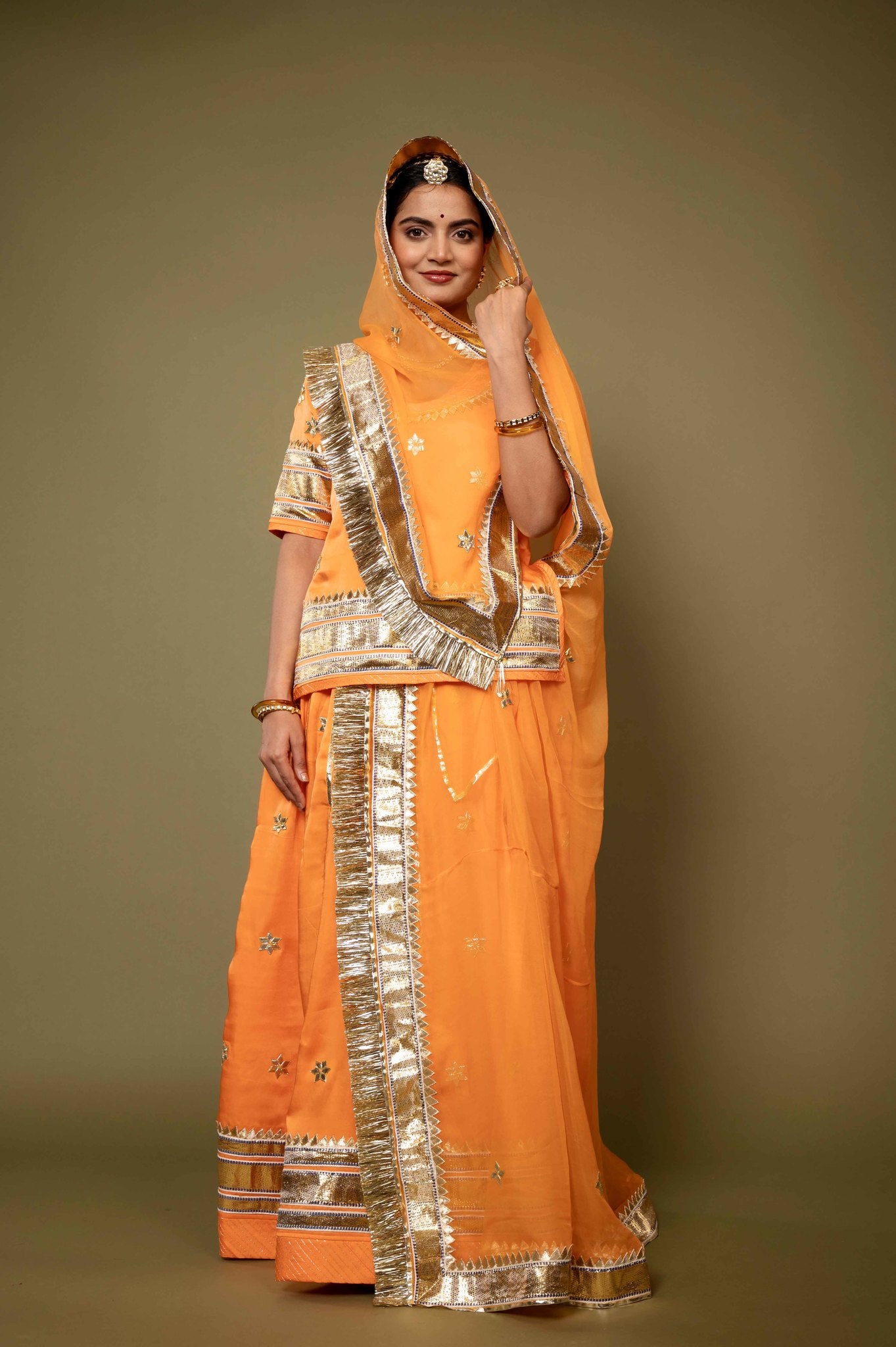 orange bamber satin gotta patti laffa  handwork rajputi Poshak with pure odhna
