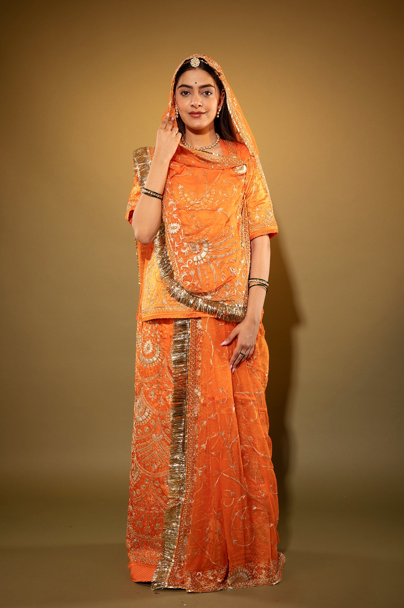 orange Pure Silk Satin zardozi handwork rajputi Poshak  with Pure odhna