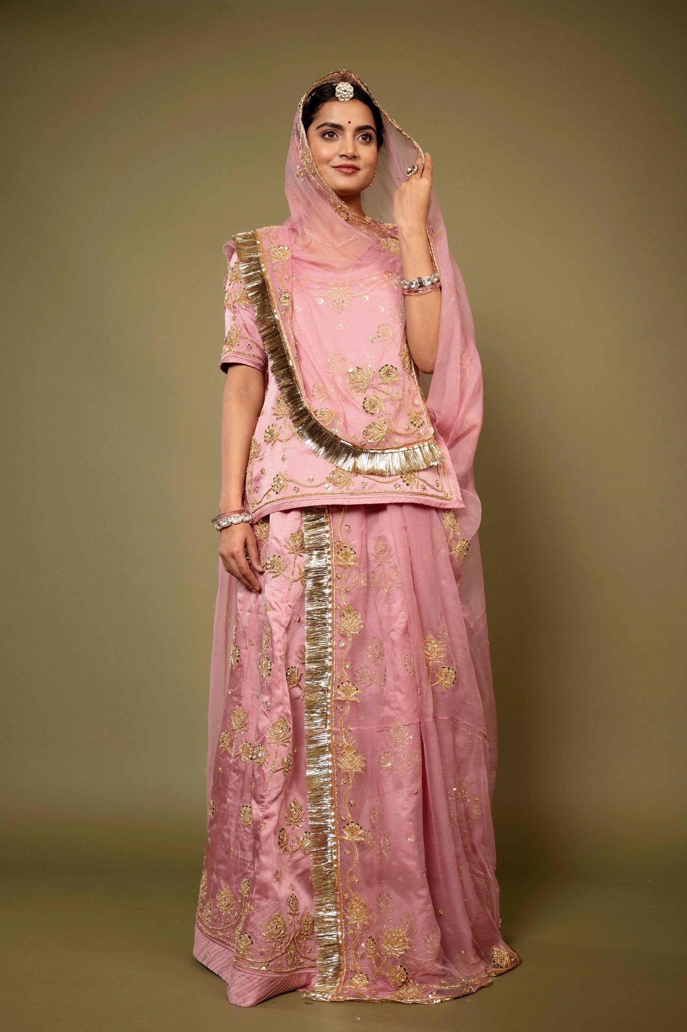 pink bamber satin zardozi handwork rajputi Poshak with pure odhna