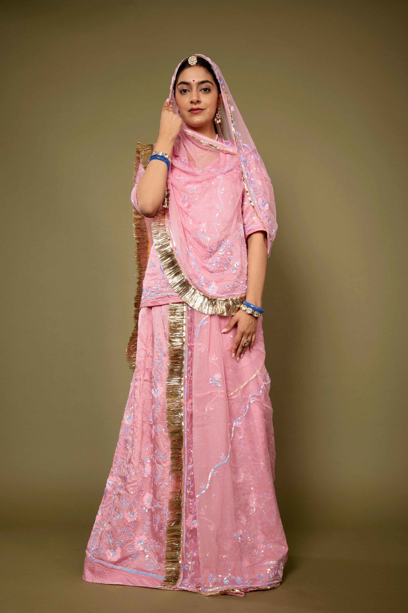 pink bamber satin sequins handwork rajputi Poshak with pure odhna