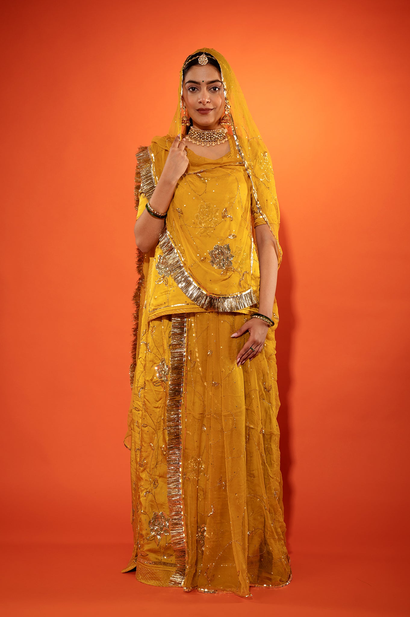 Metallic gold bamber satin sequins   handwork rajputi Poshak with pure odhna