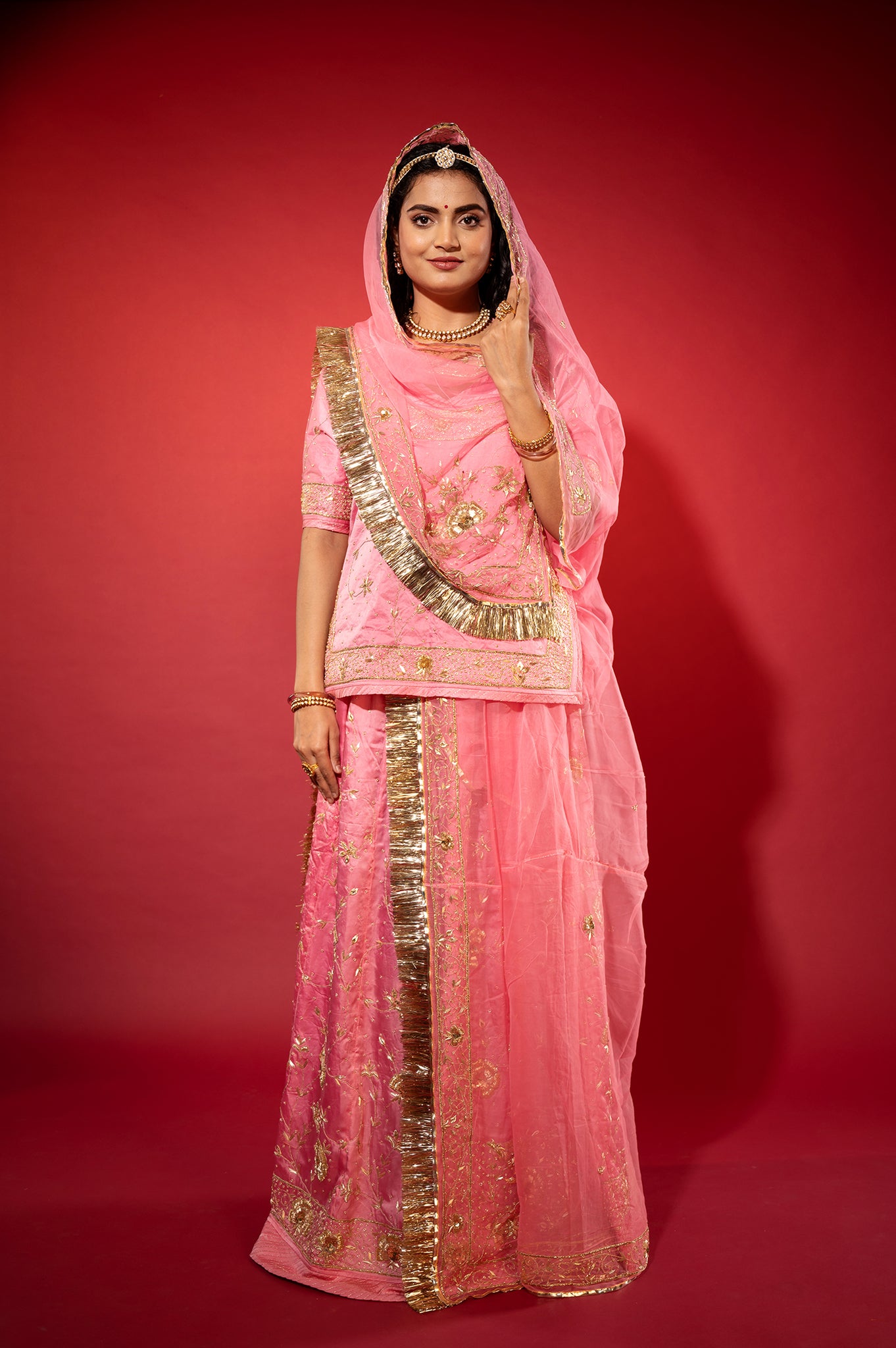 Pink bamber satin zardozi handwork rajputi Poshak  with Pure odhna