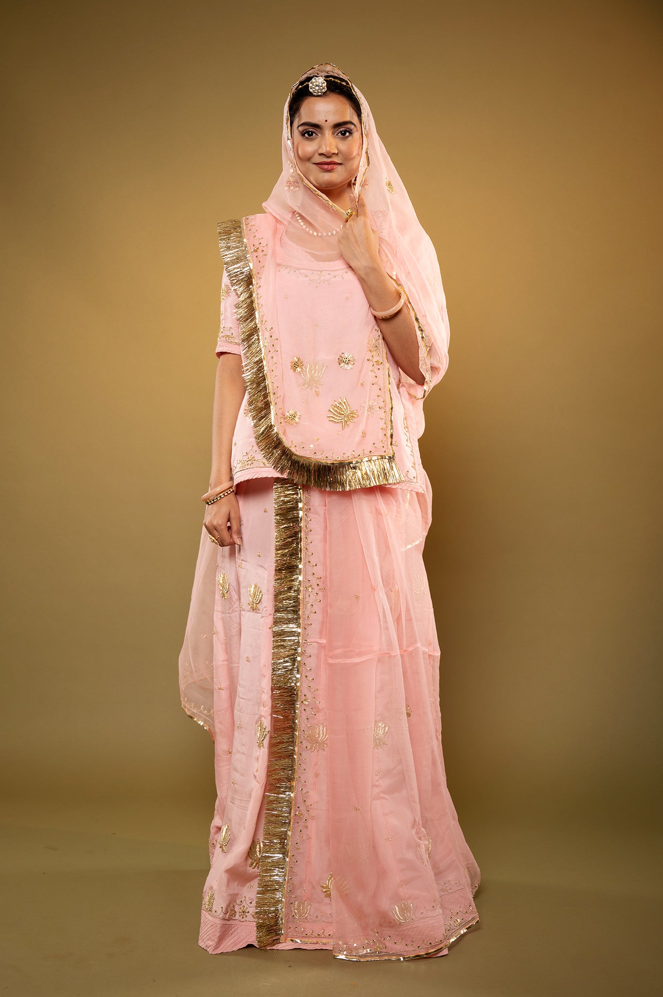 peach pink Crepe zardozi handwork rajputi Poshak  with Pure odhna