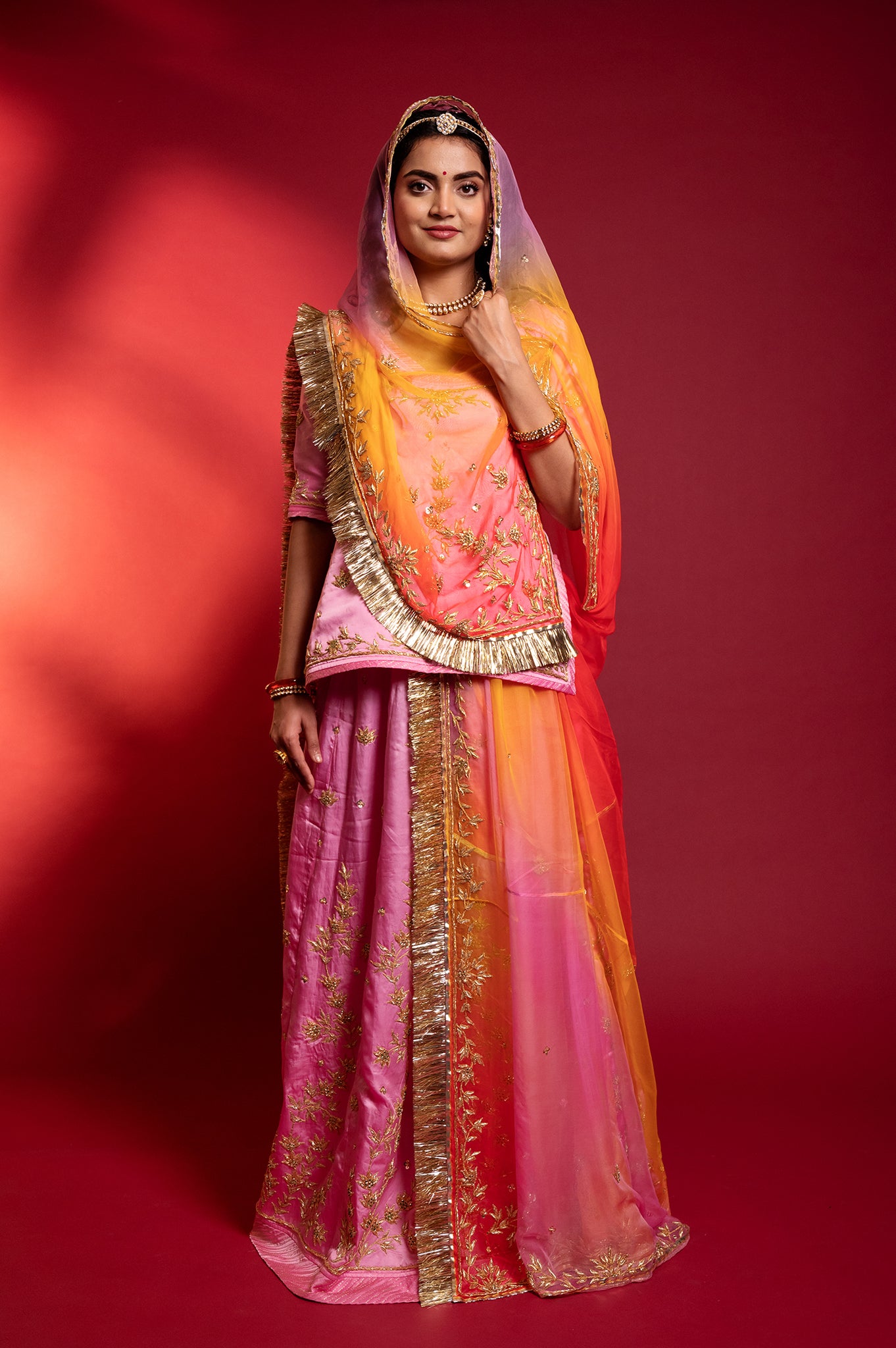Pink bamber satin zardozi handwork rajputi Poshak  with Pure odhna