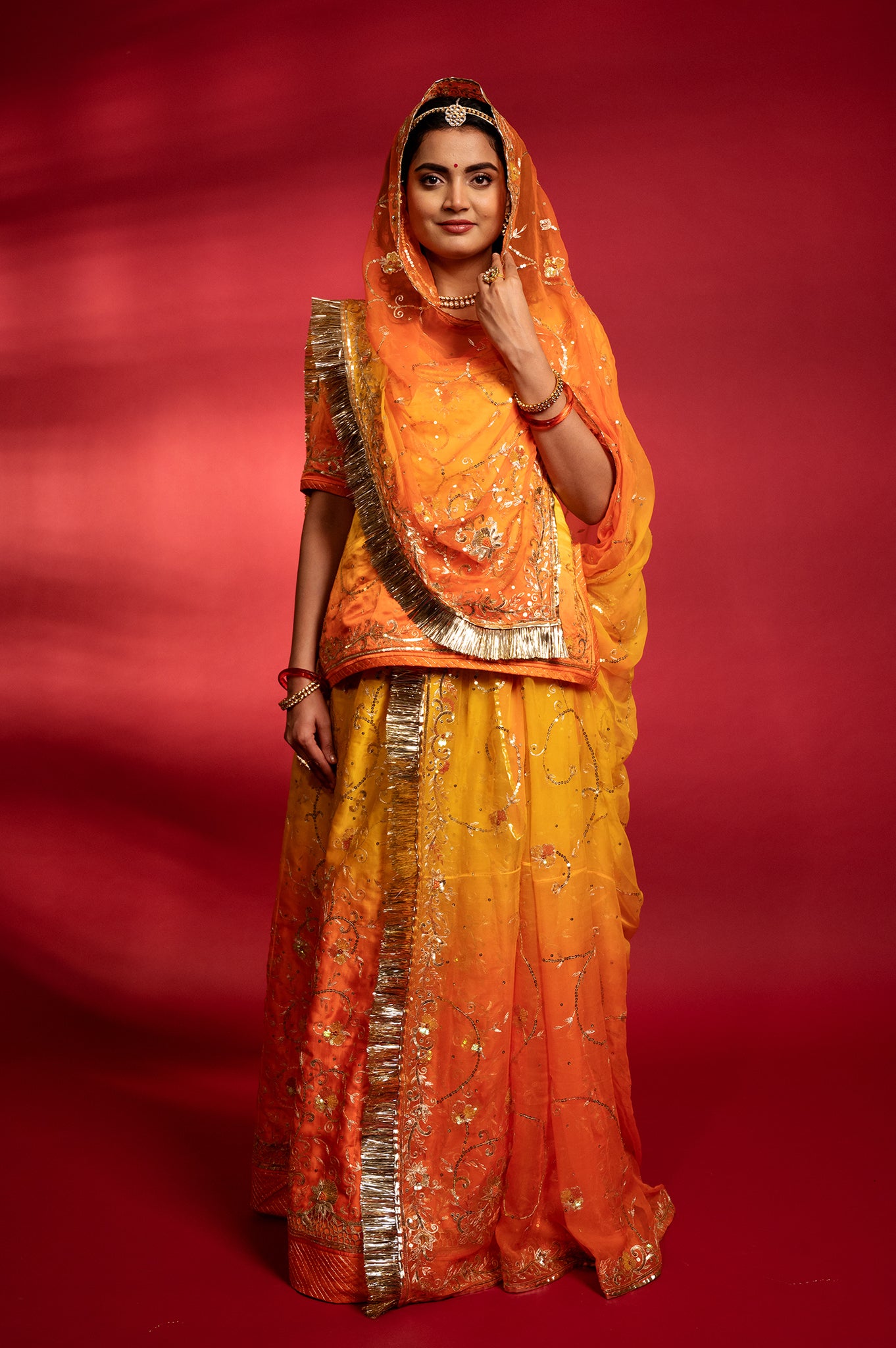 orange yellow   Pure Silk Satin Aari sequins handwork rajputi Poshak  with Pure odhna