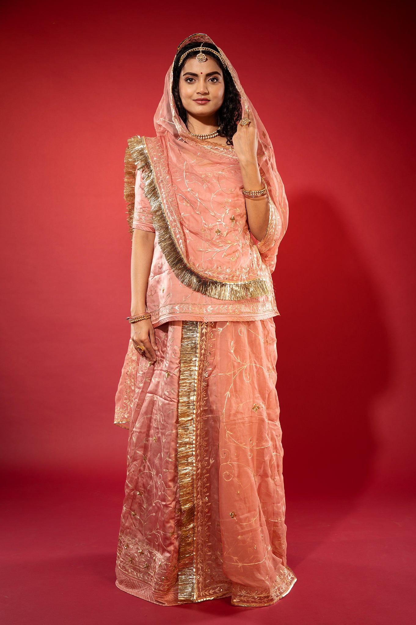 light peach bamber satin aari zardozi handwork rajputi Poshak  with Pure odhna
