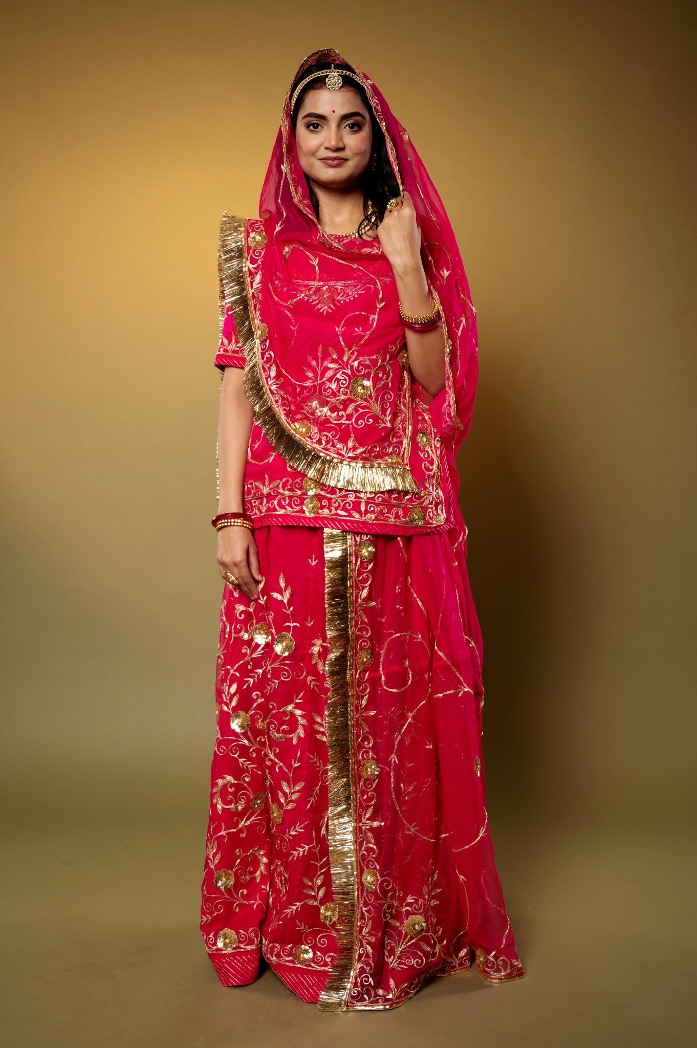 Cherry Red pure georgette aari sequins handwork Rajputi Poshak  with Pure odhna