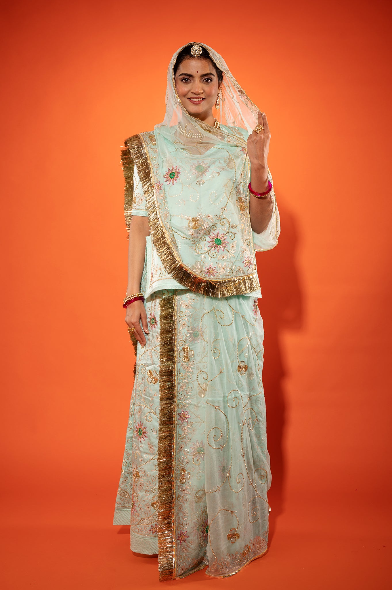 baby blue bamber satin aari sequins handwork rajputi Poshak with pure odhna