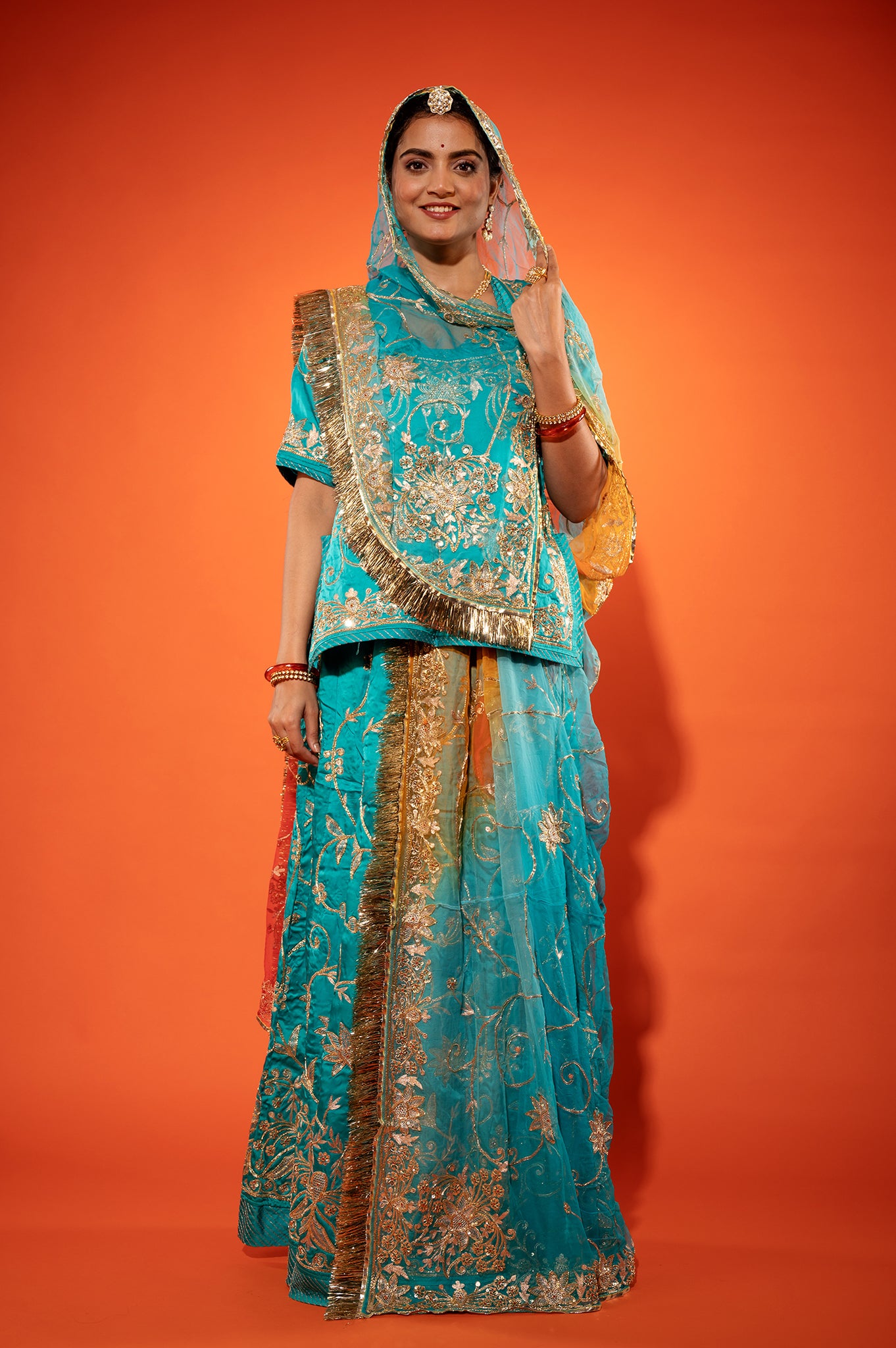 Deep Aqua Bamber Satin zardozi handwork rajputi Poshak with pure odhna
