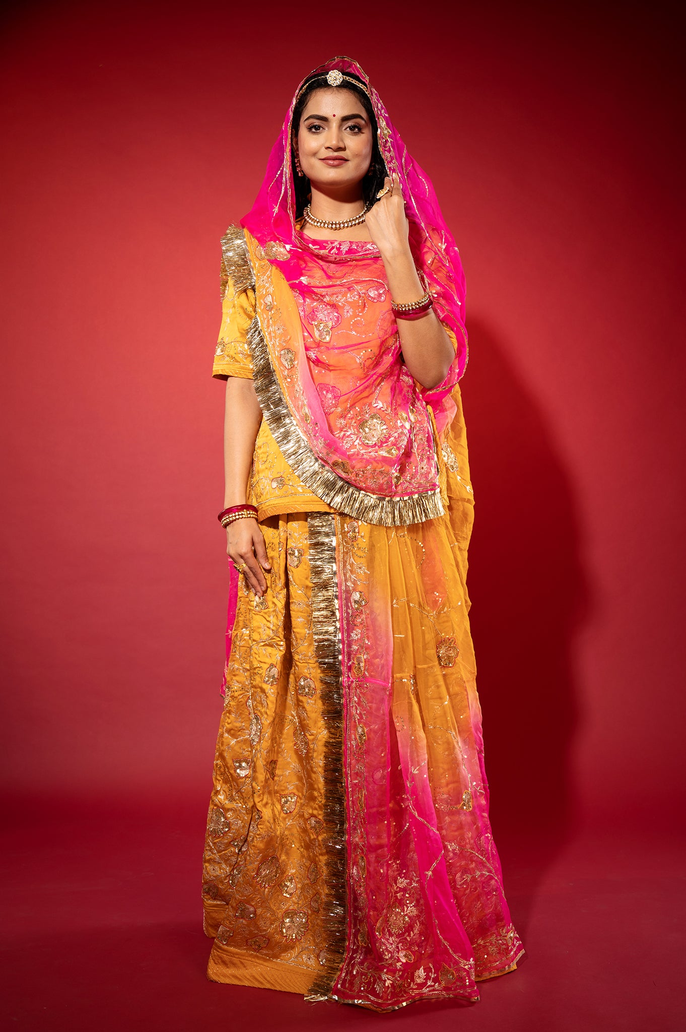kesariya yellow bamber satin aari zardozi handwork rajputi Poshak  with Pure odhna