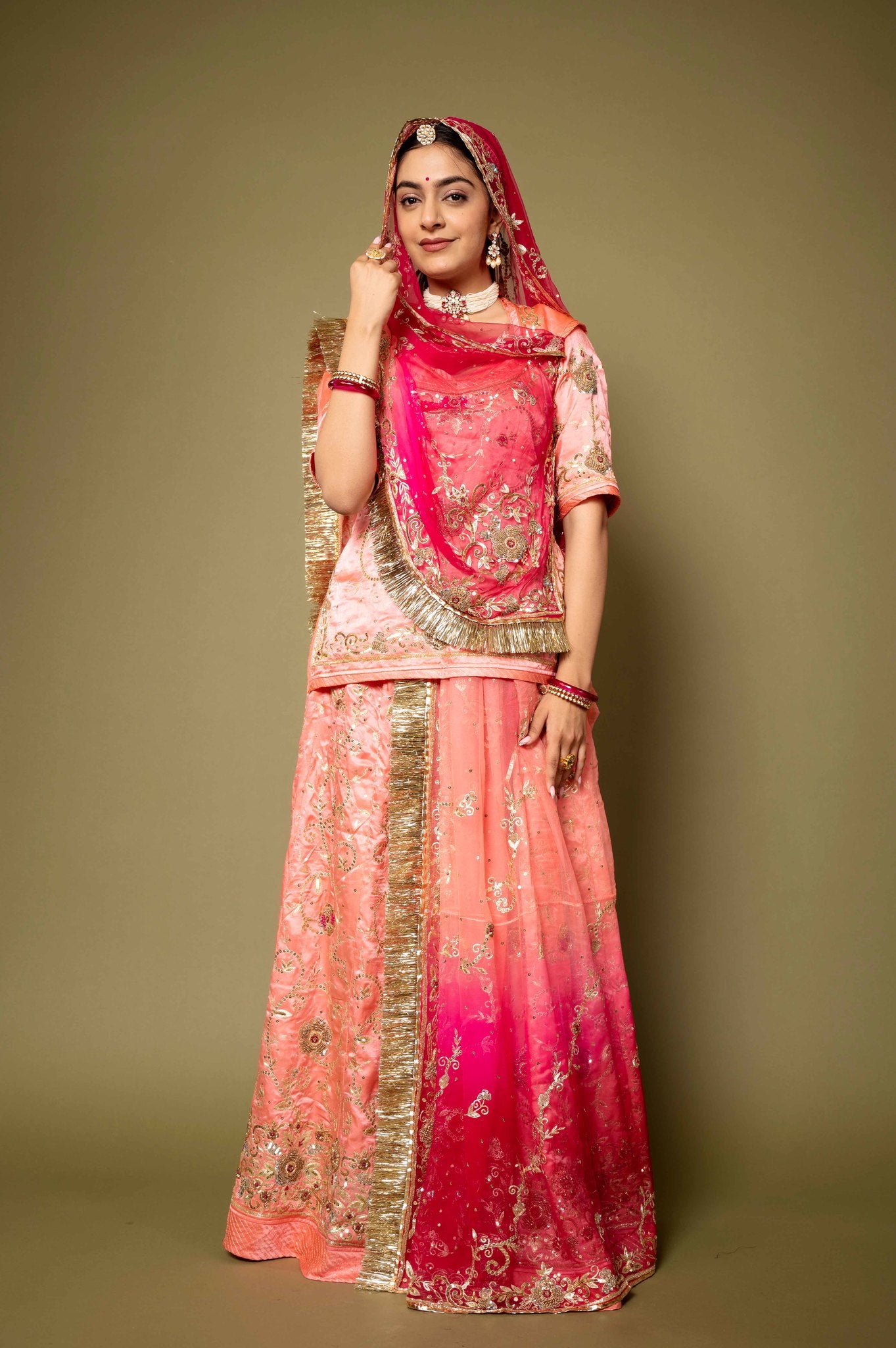 light peach  pure satin aari zardozi sequins handwork rajputi Poshak with pure odhna
