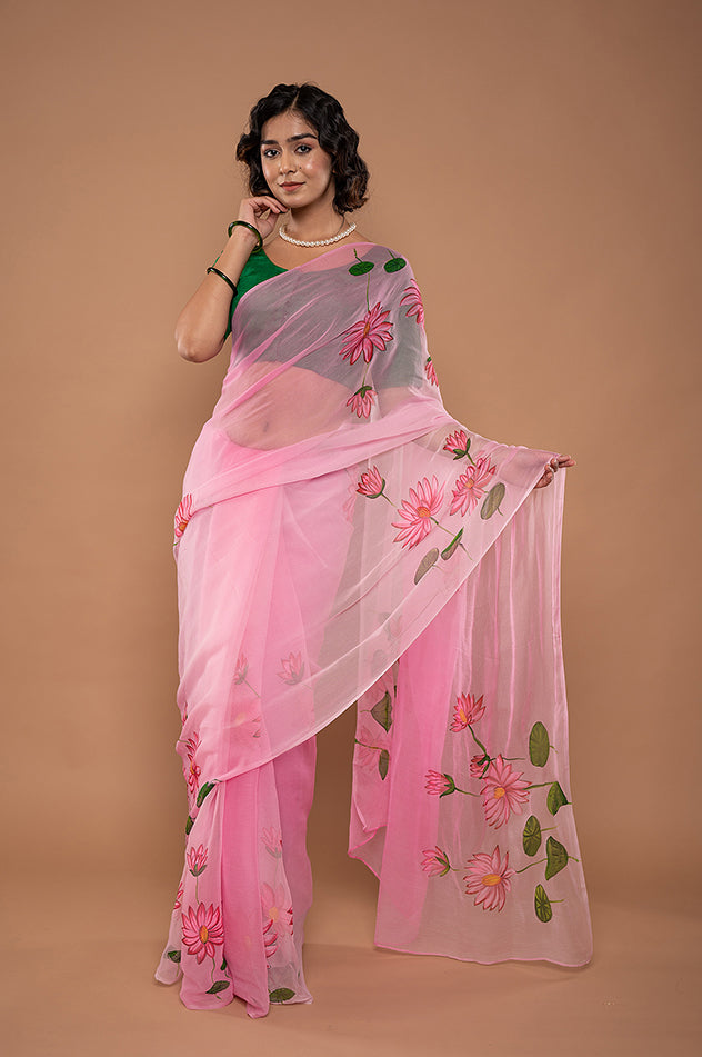 pink viscose chiffon hand painted handwork saree