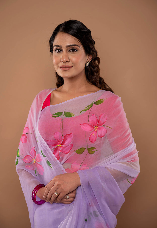 lavender viscose chiffon hand painted handwork saree