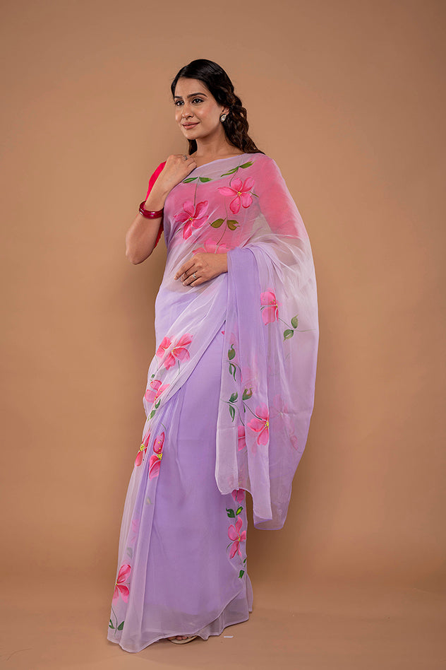 lavender viscose chiffon hand painted handwork saree