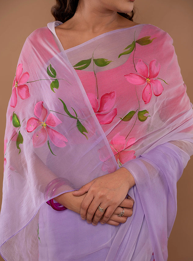 lavender viscose chiffon hand painted handwork saree