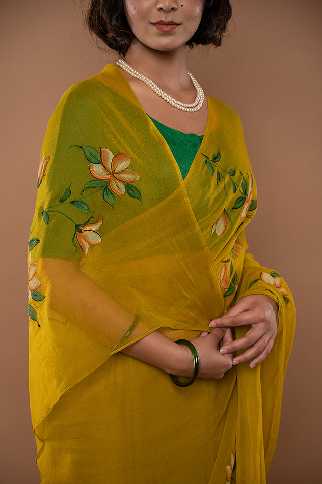 dark mustard yellow viscose chiffon hand painted handwork saree