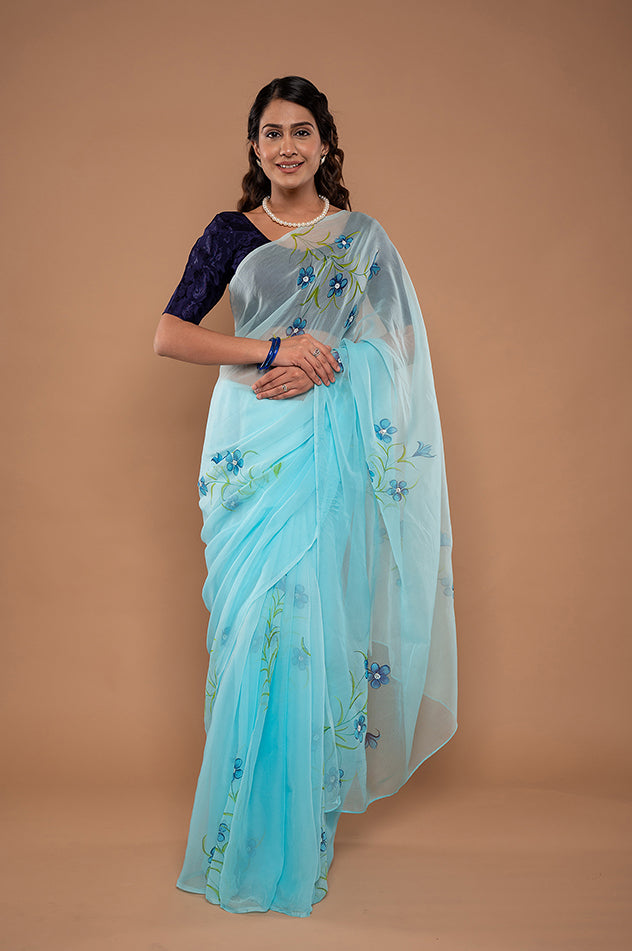 sky blue viscose chiffon hand painted handwork saree