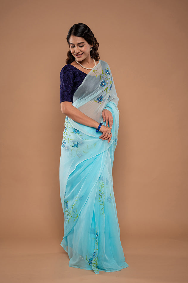 sky blue viscose chiffon hand painted handwork saree
