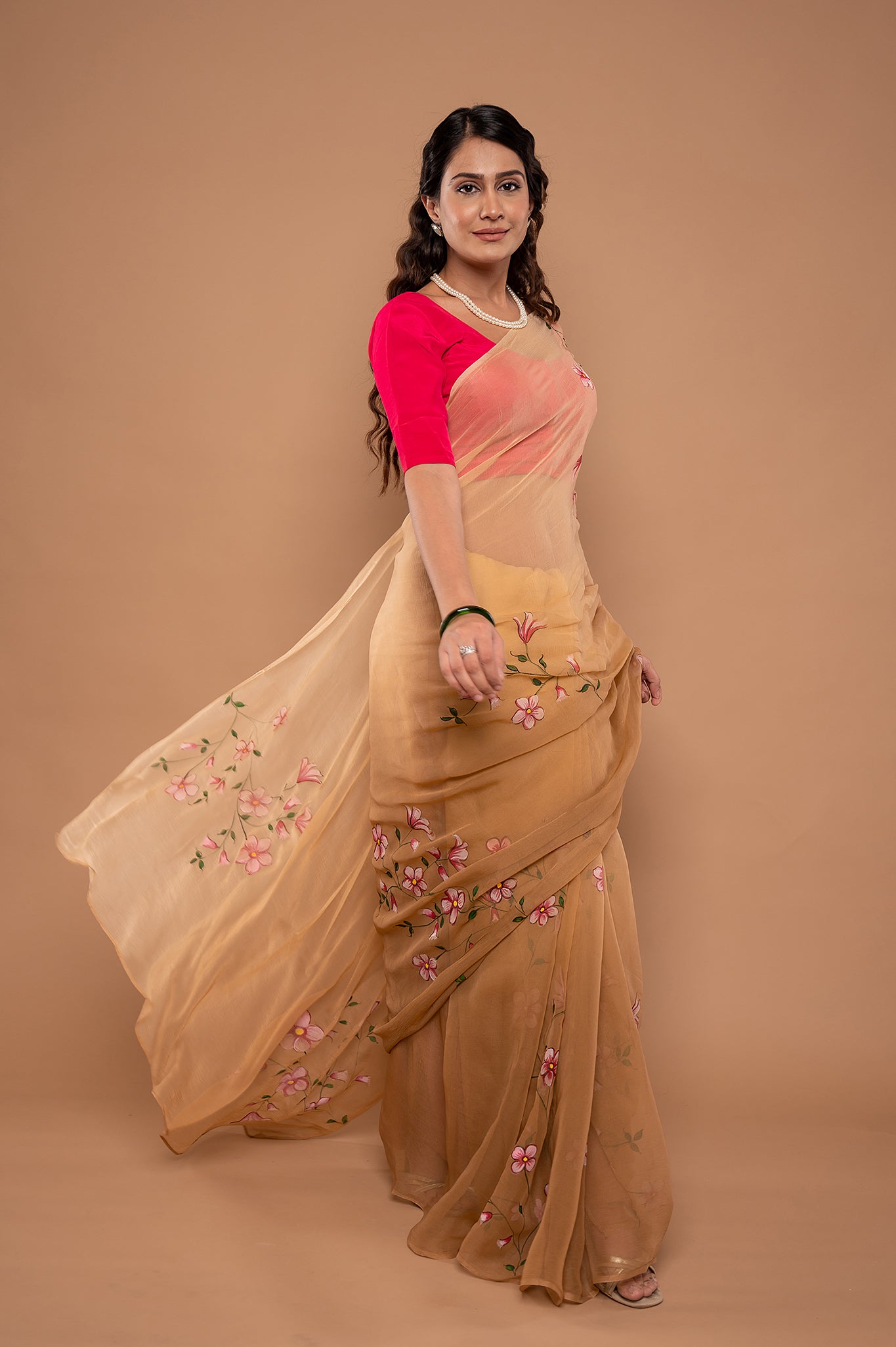 Light brown viscose chiffon hand painted handwork saree