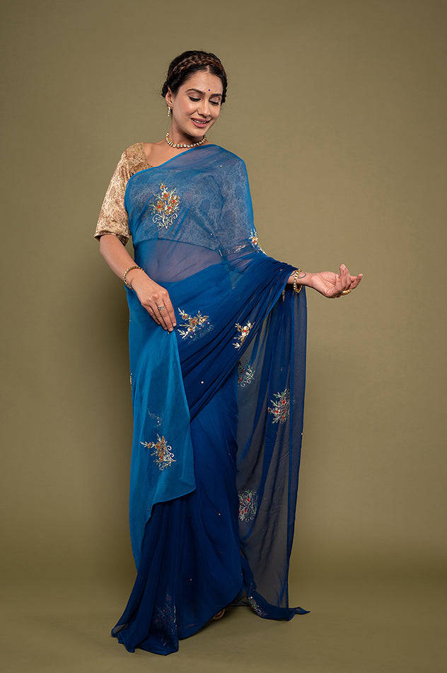 Blue light dark viscose chiffon aari sequins motif handwork saree