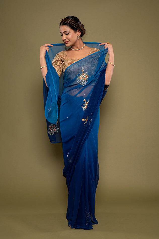 Blue light dark viscose chiffon aari sequins motif handwork saree