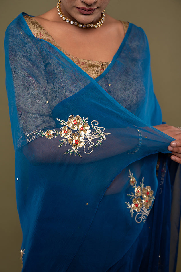 Blue light dark viscose chiffon aari sequins motif handwork saree