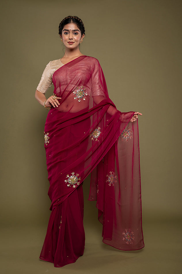 Wine viscose chiffon aari sequins motif handwork saree