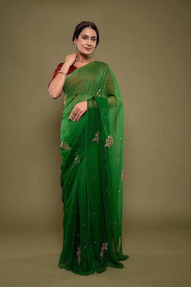 green light dark viscose chiffon aari sequins motif handwork saree