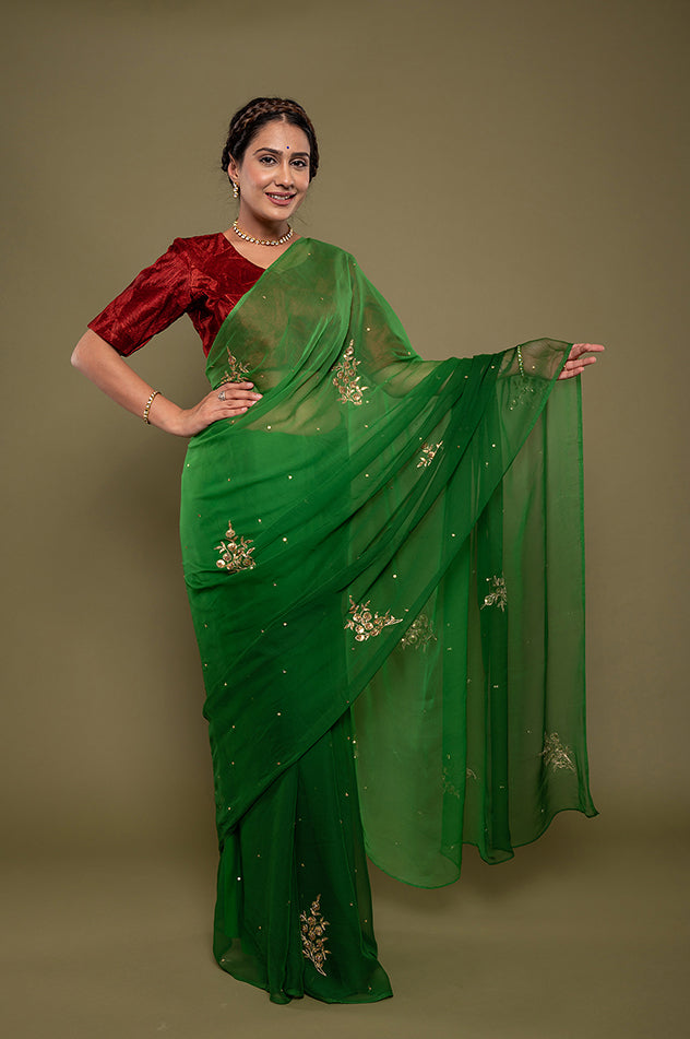green light dark viscose chiffon aari sequins motif handwork saree