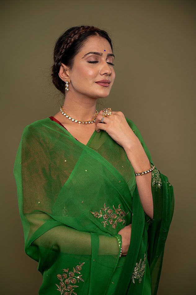 green light dark viscose chiffon aari sequins motif handwork saree
